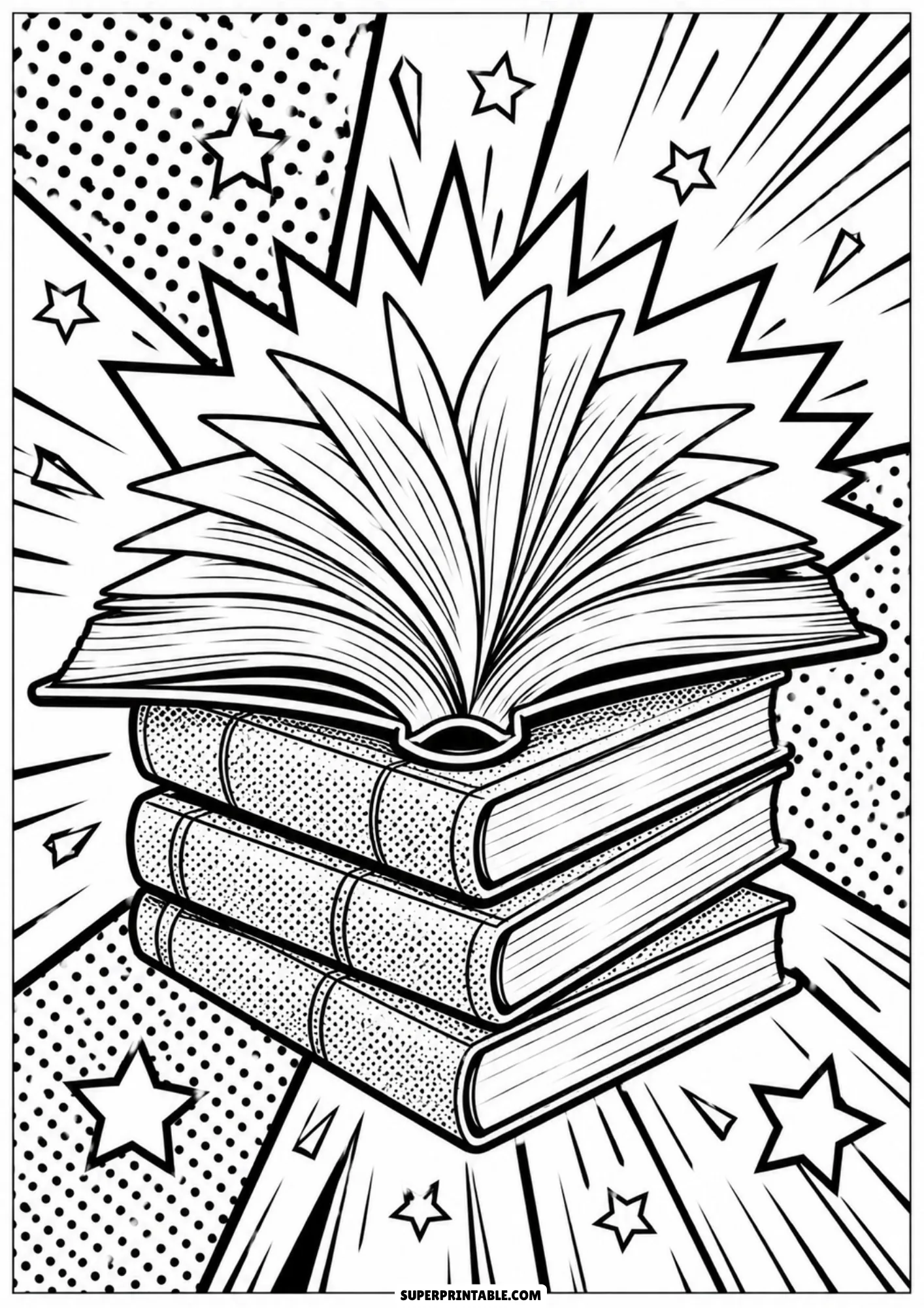 Open hardcover book resting on top of stacked textbooks with explosive pop art starburst graphic.
