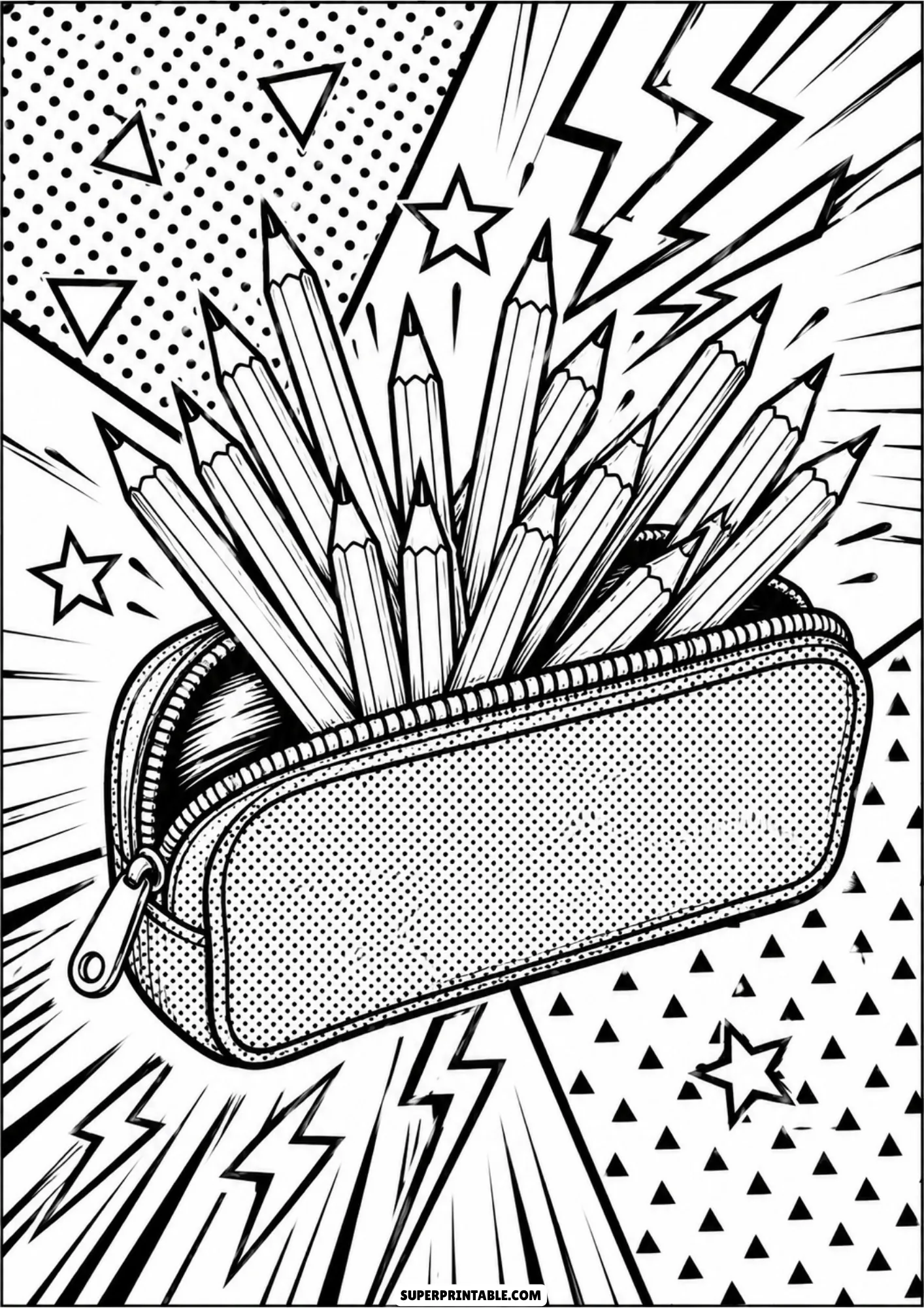 Pencil case filled with sharpened pencils in a comic pop art style with lightning bolts and dots.