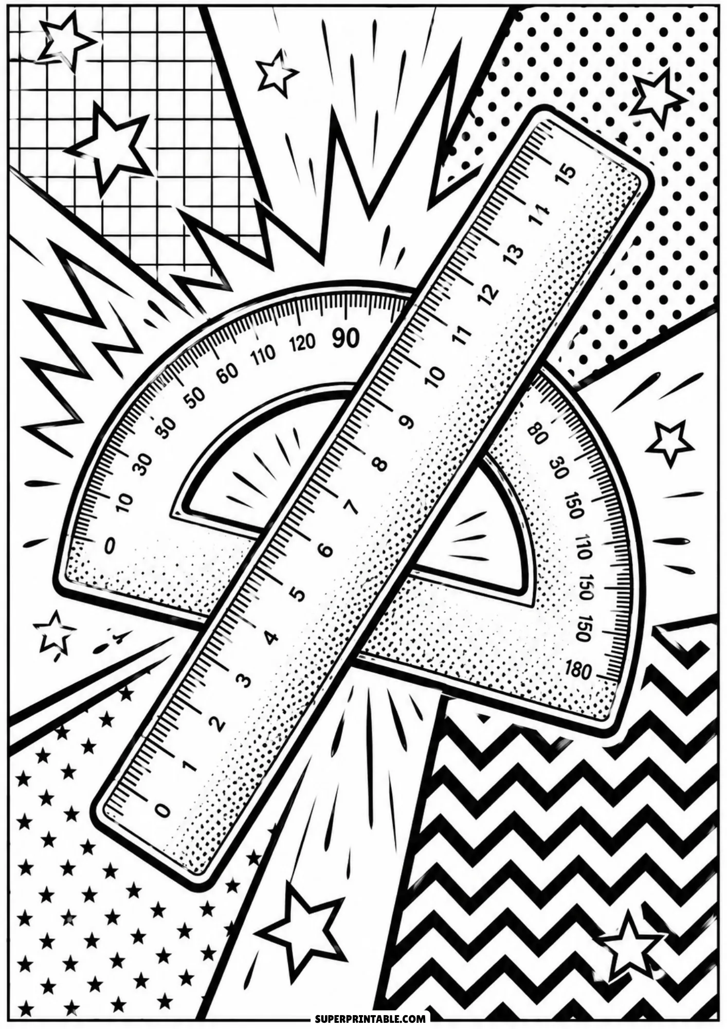Detailed pop art ruler and protractor measurement tools surrounded by comic burst lines and stars.