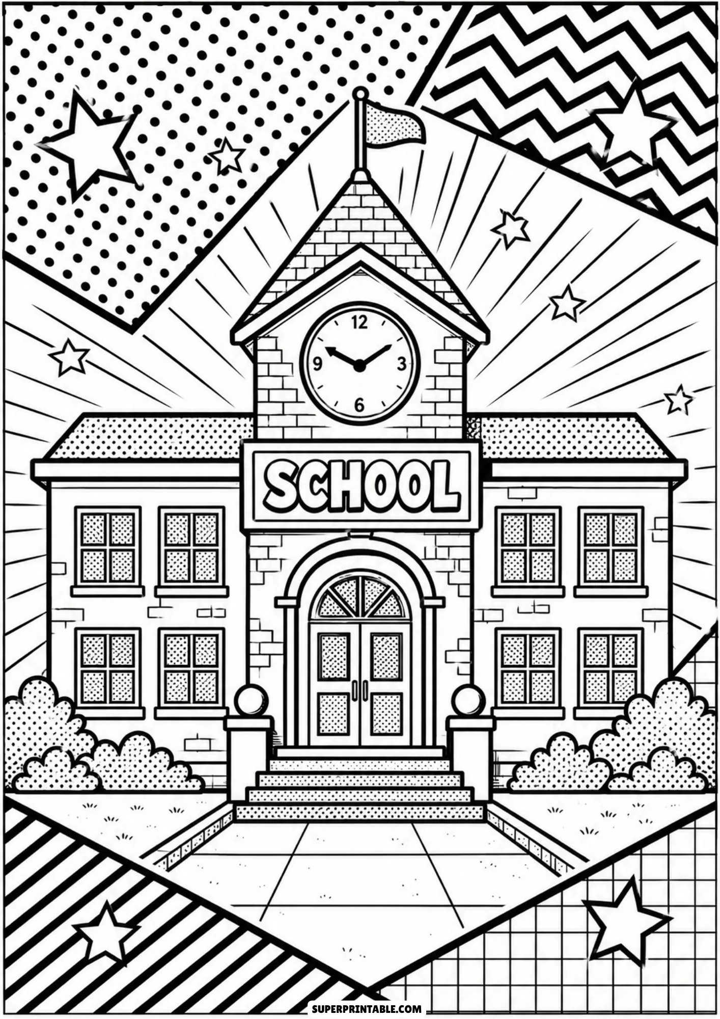 Pop art school coloring pages featuring a school building with clock tower and star patterns.
