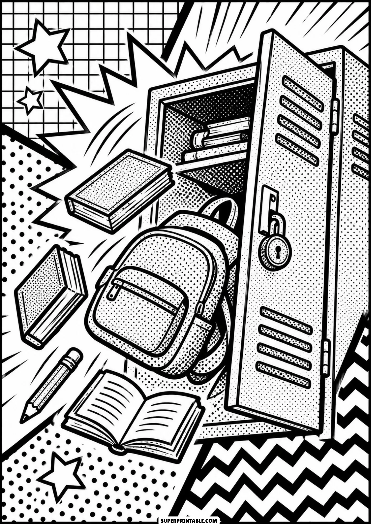 Open school locker with books and backpack spilling out in action-packed comic line style.