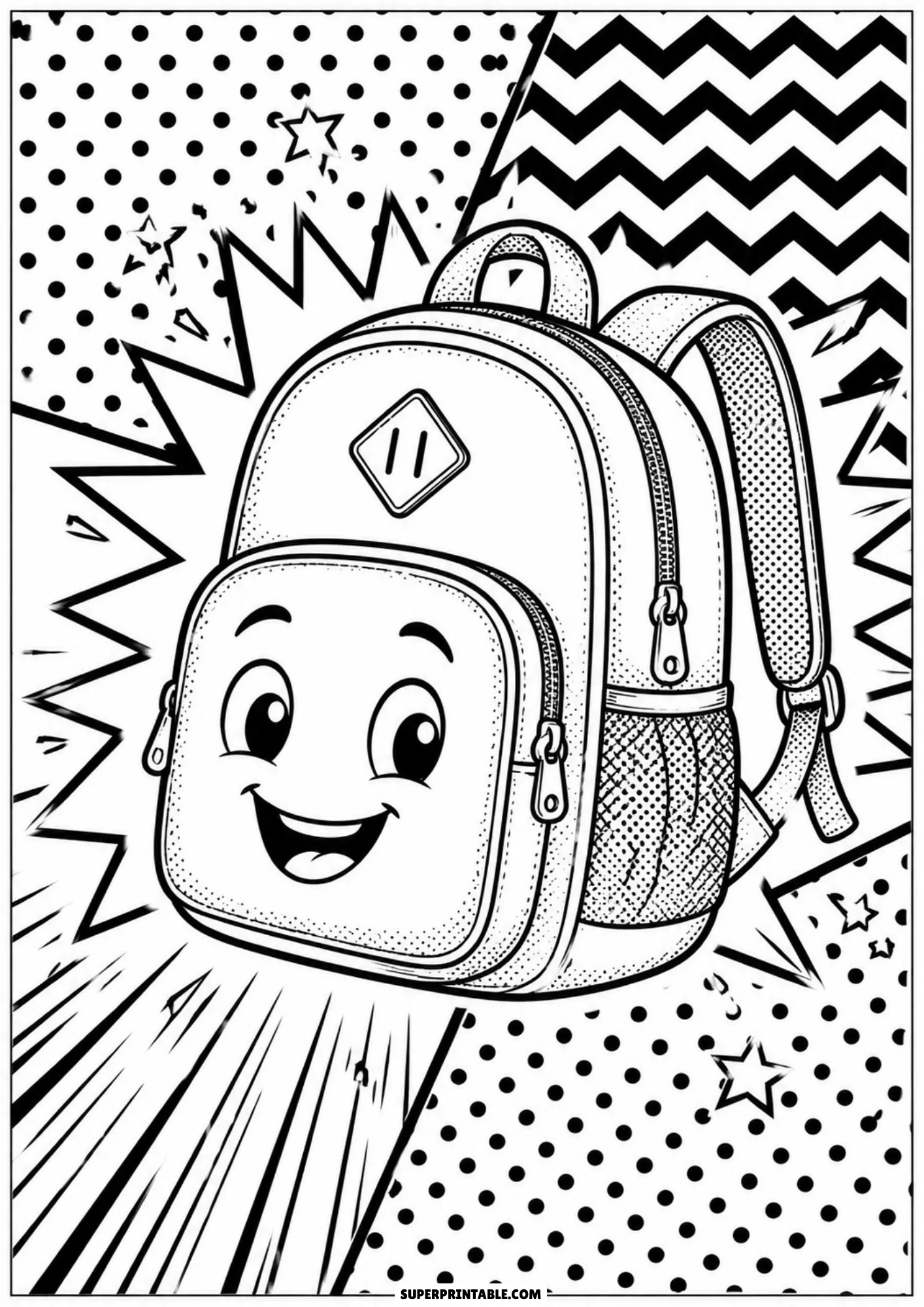 Pop art school coloring pages featuring a cheerful smiling backpack with comic speed rays.