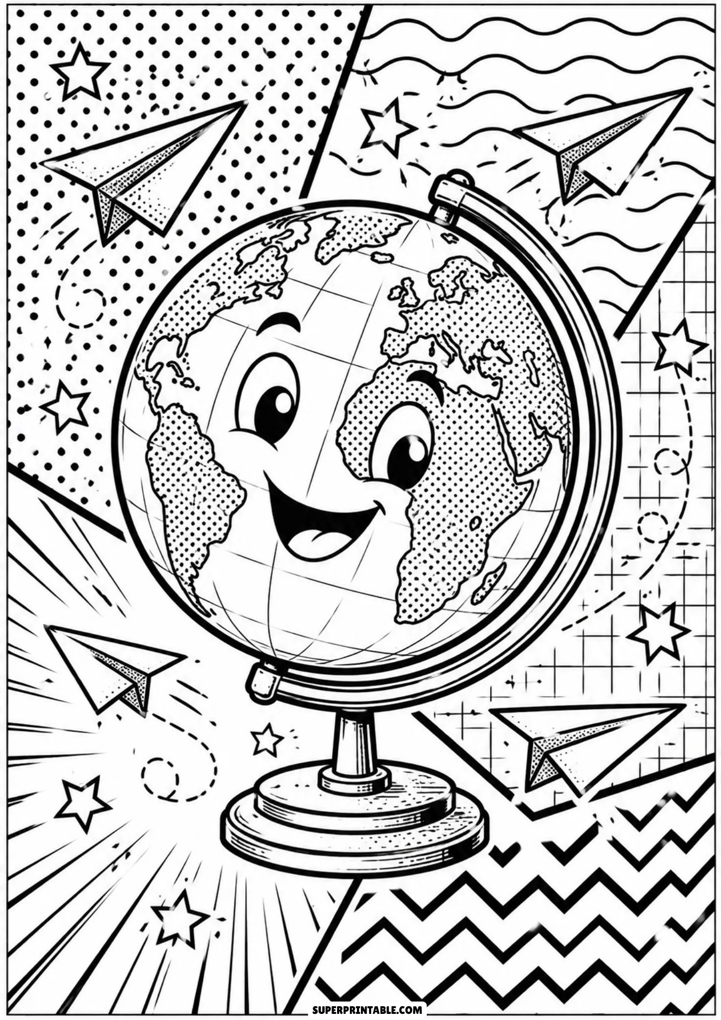 Friendly cartoon globe surrounded by flying paper airplanes and halftone pop art background patterns.