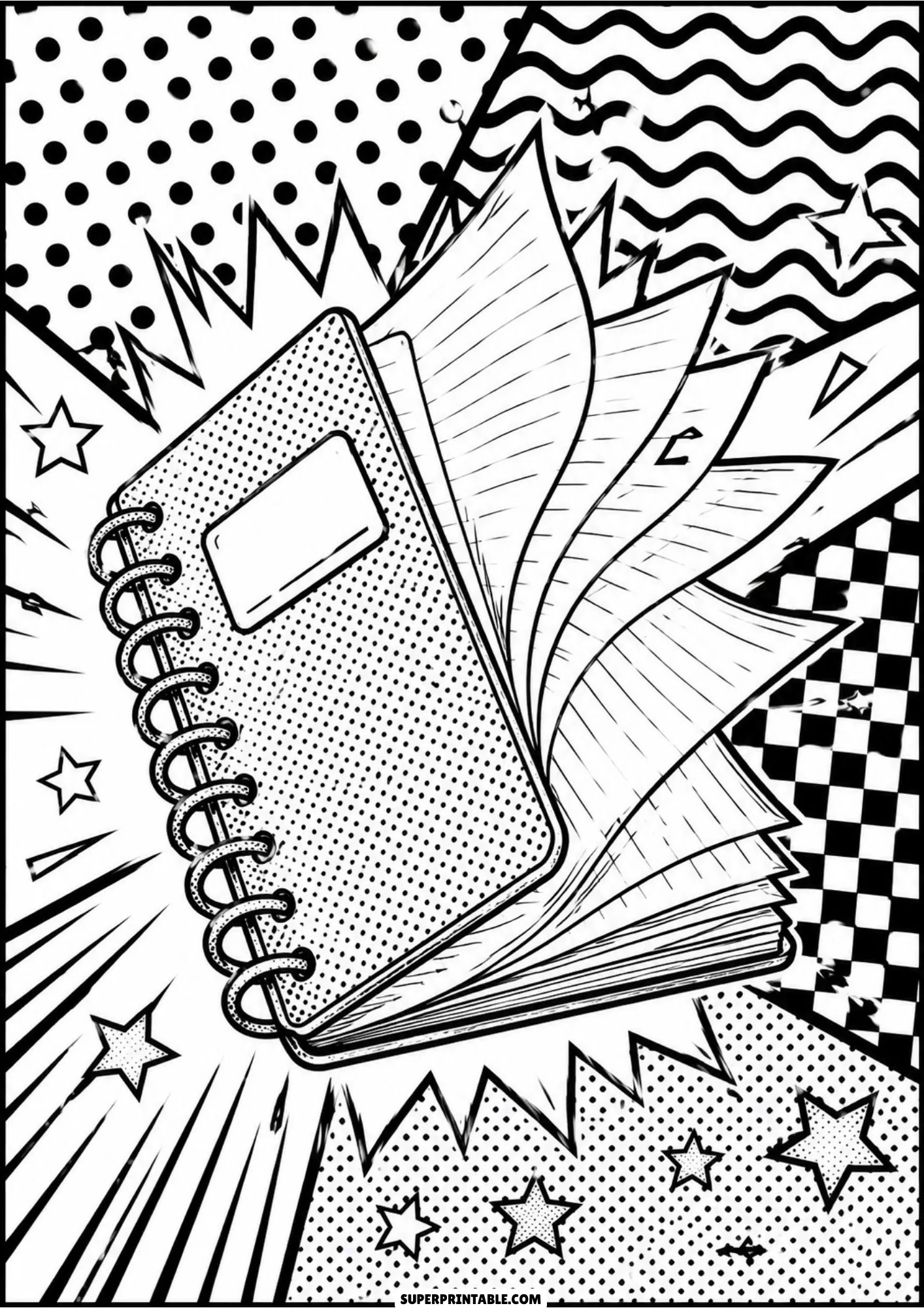Spiral bound notebook with open fanning pages styled with comic speed lines and pop art patterns.