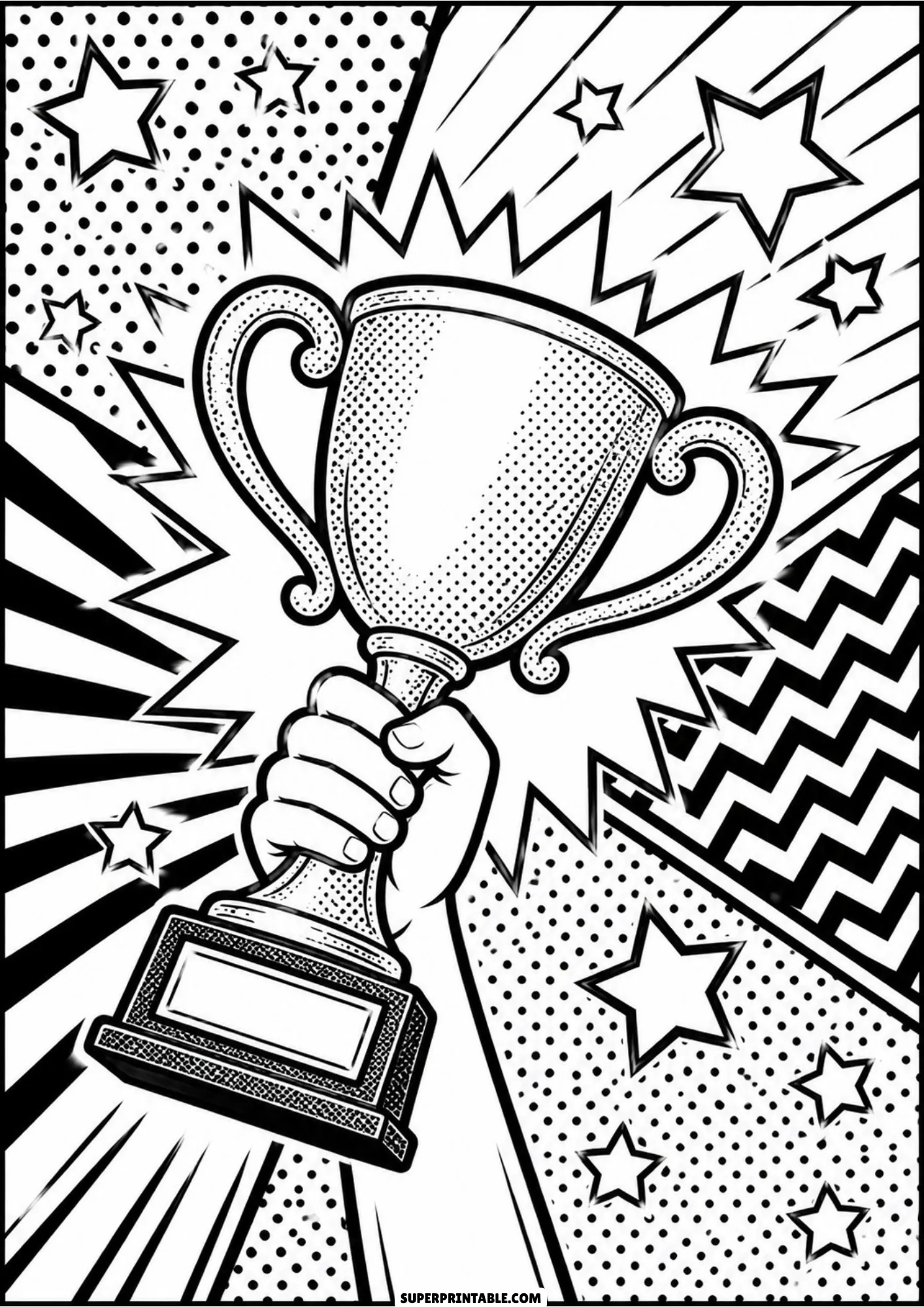 Hand holding up a championship trophy cup framed by comic pop art starburst and halftone textures.
