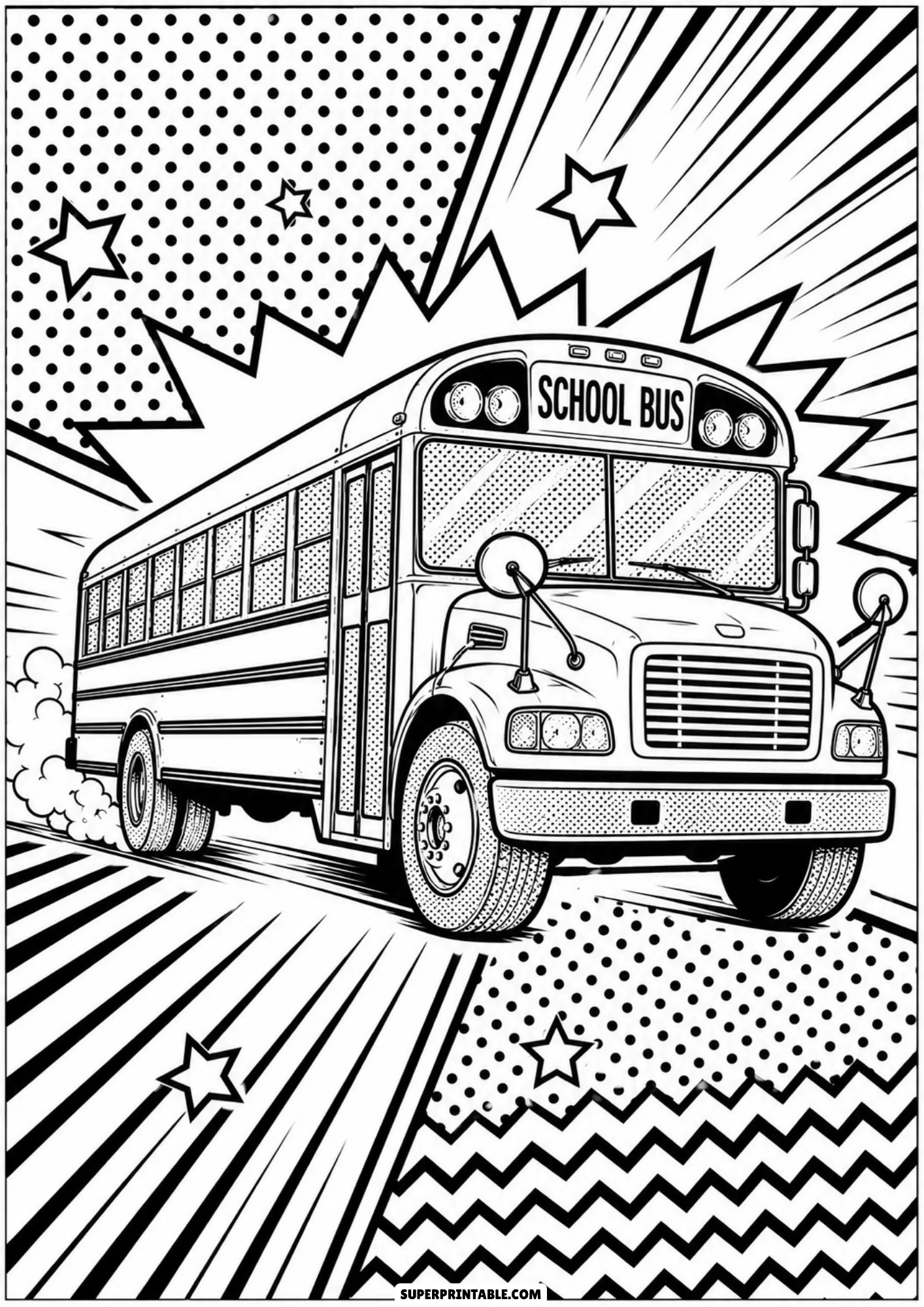 Classic school bus driving forward featured in dynamic comic book pop art illustration style.