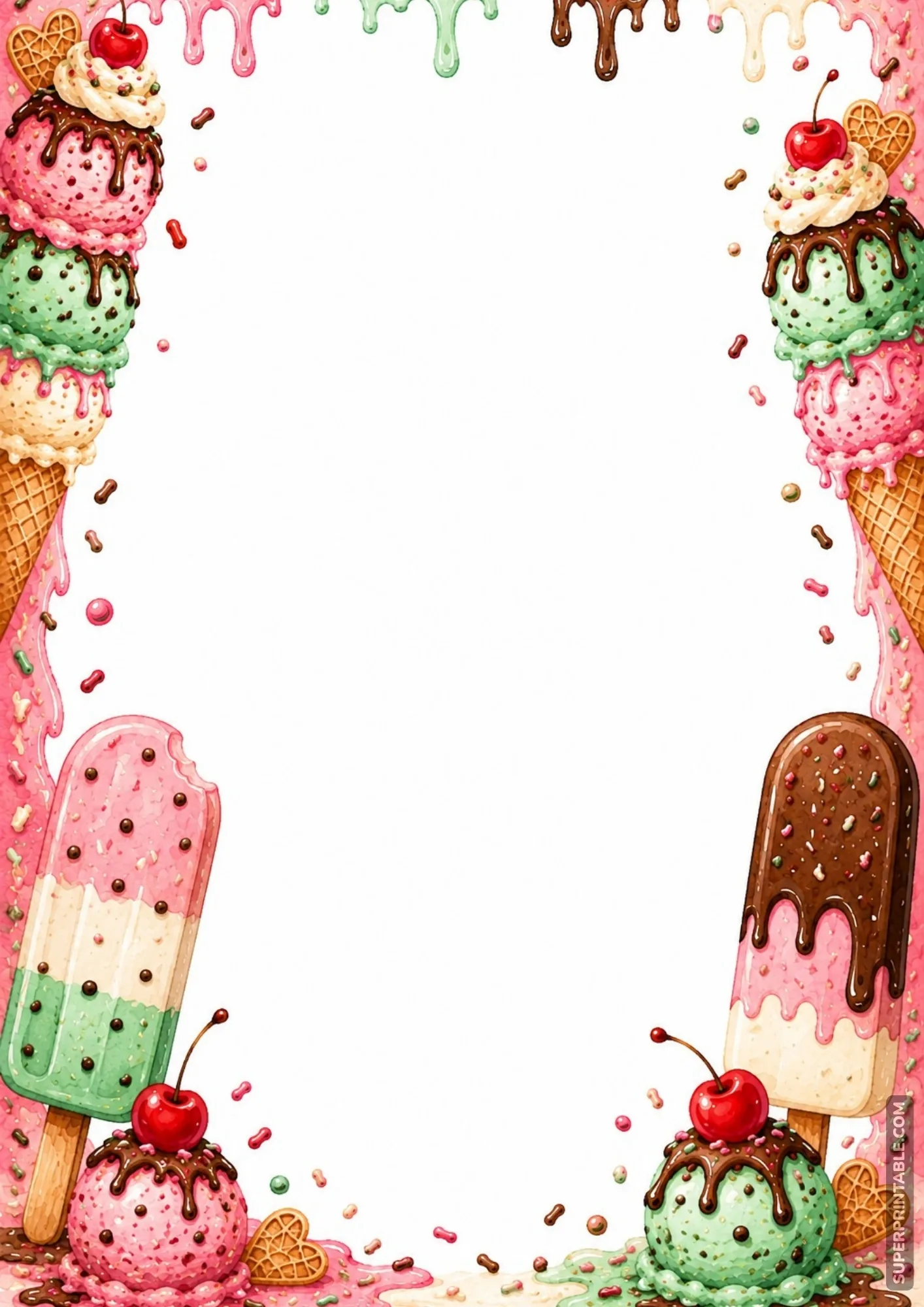 Layered pastel popsicles and chocolate ice cream bars lining the bottom of a stationery border.