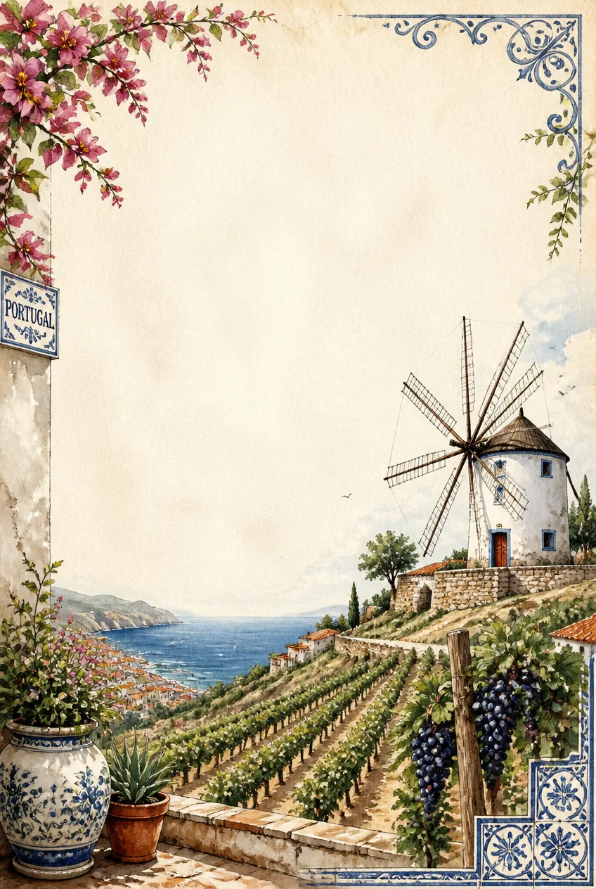 Scenic Portuguese page border featuring a white windmill over terraced vineyards and ocean bay.