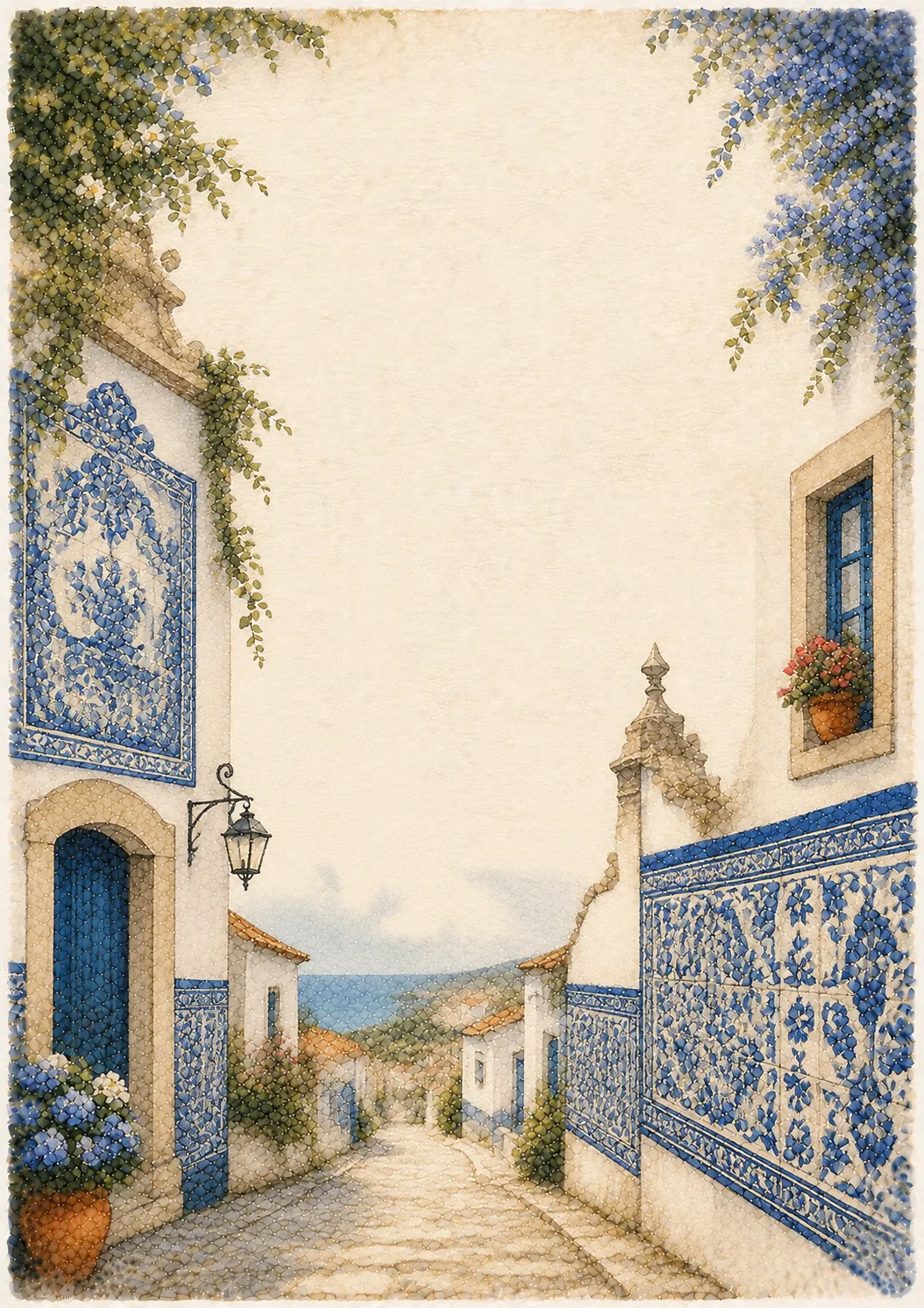Portuguese Algarve border pages featuring blue azulejo ceramic tiles on village walls.