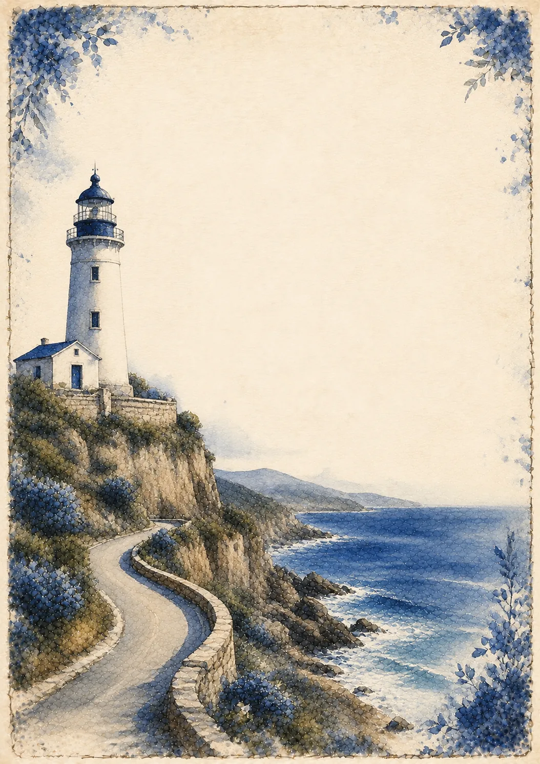 Washed border printable page with a white coastal lighthouse on steep sea cliffs.