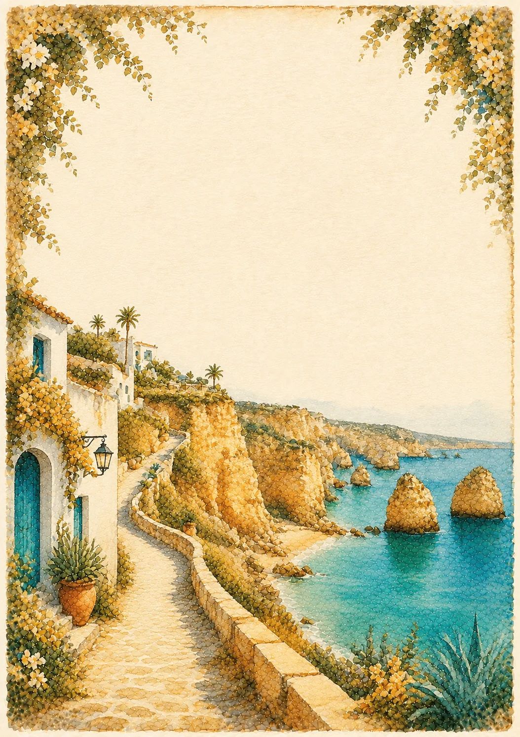 Portuguese Algarve border pages showing coastal golden cliffs and blue ocean waters.