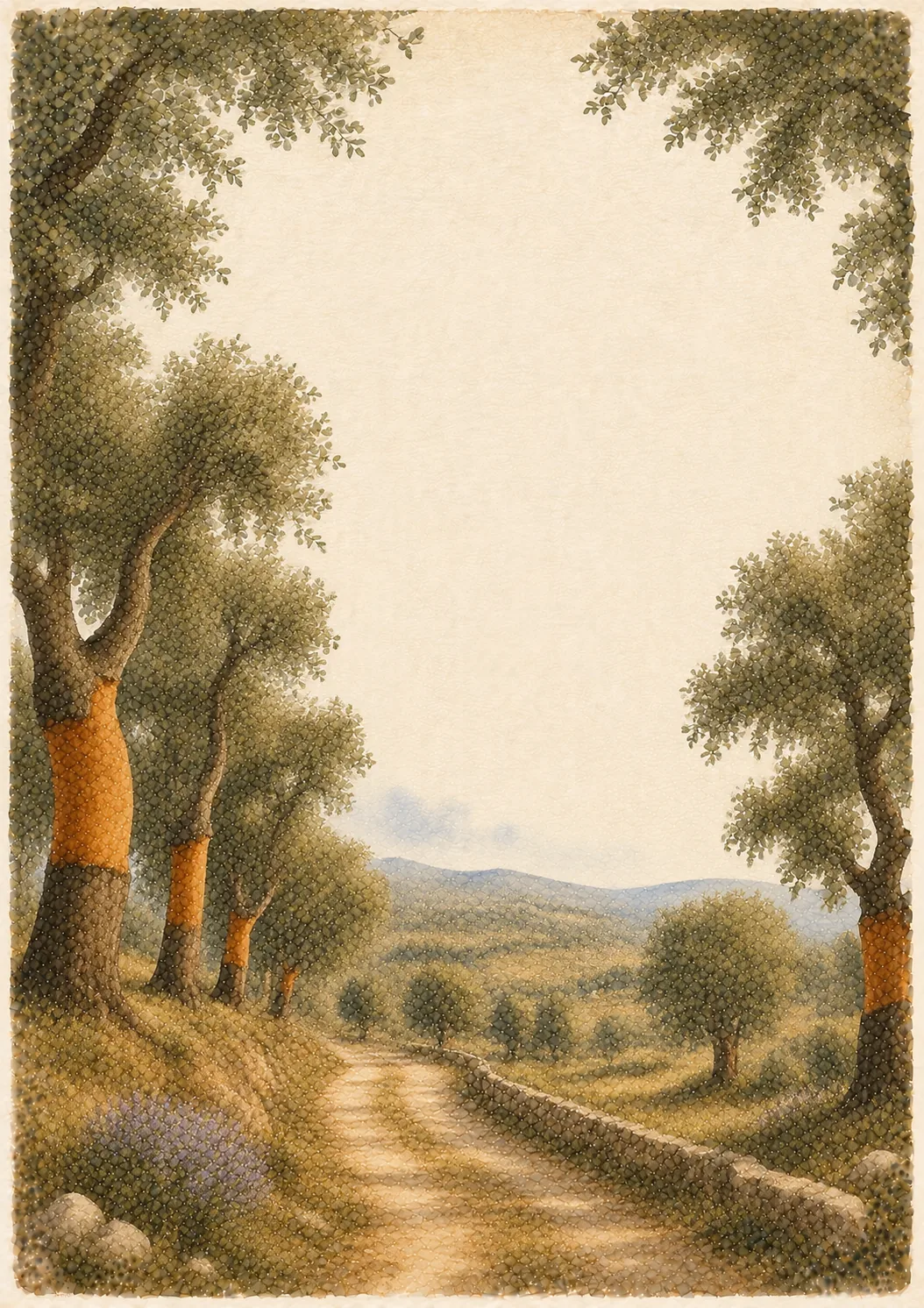 Watercolor countryside stationery page with cork oak trees lining a dirt road path.