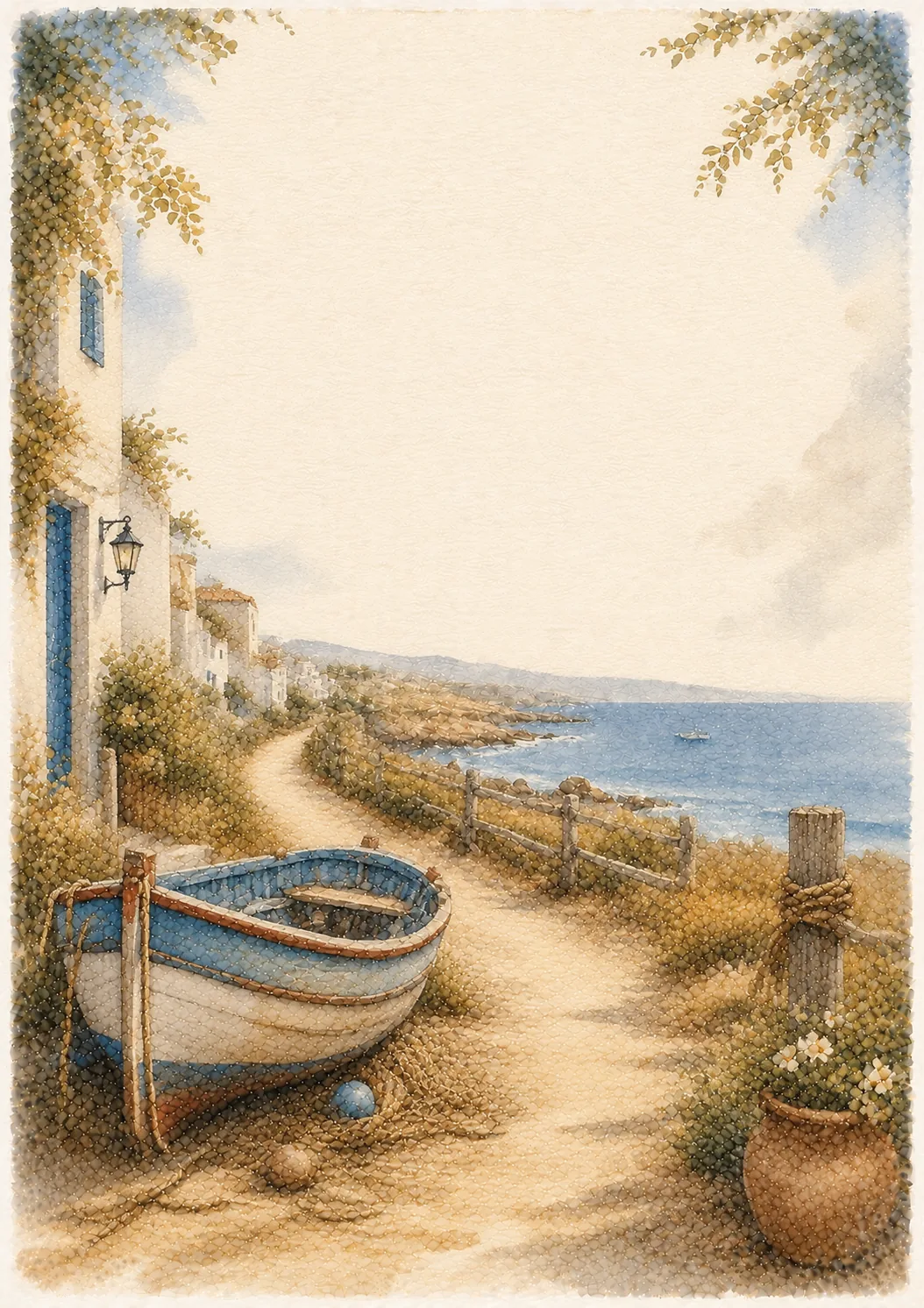 Watercolor coastal writing sheet with a blue wooden boat on a sandy shore path.