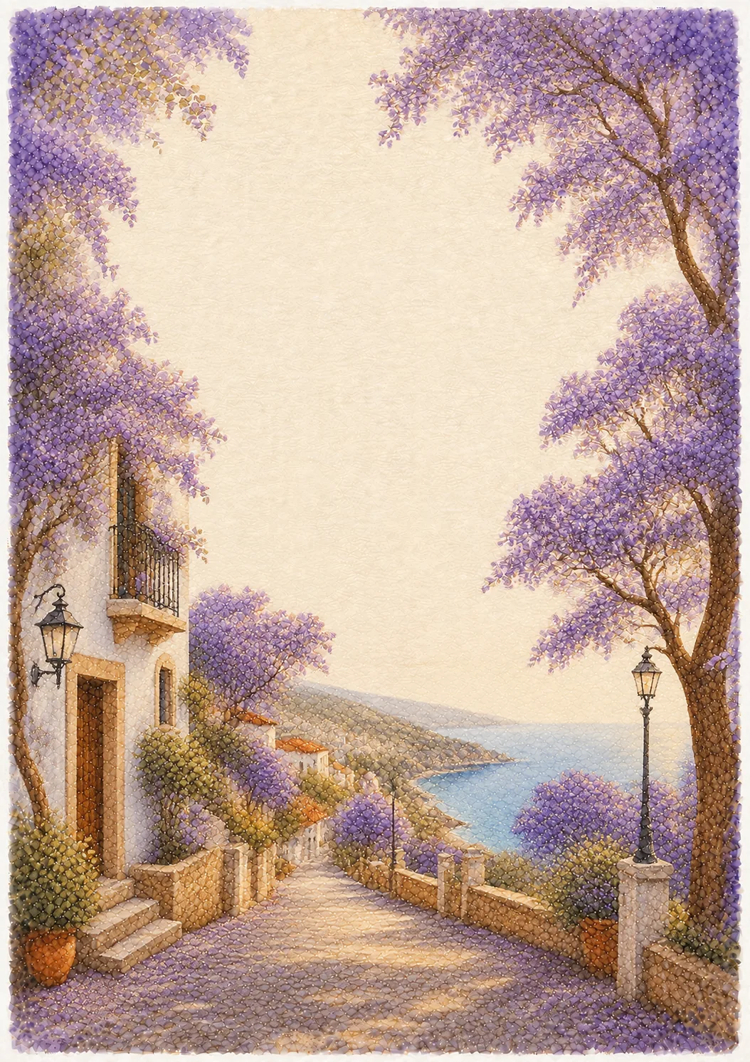 Printable stationery page with blooming purple jacaranda trees overlooking the sea.
