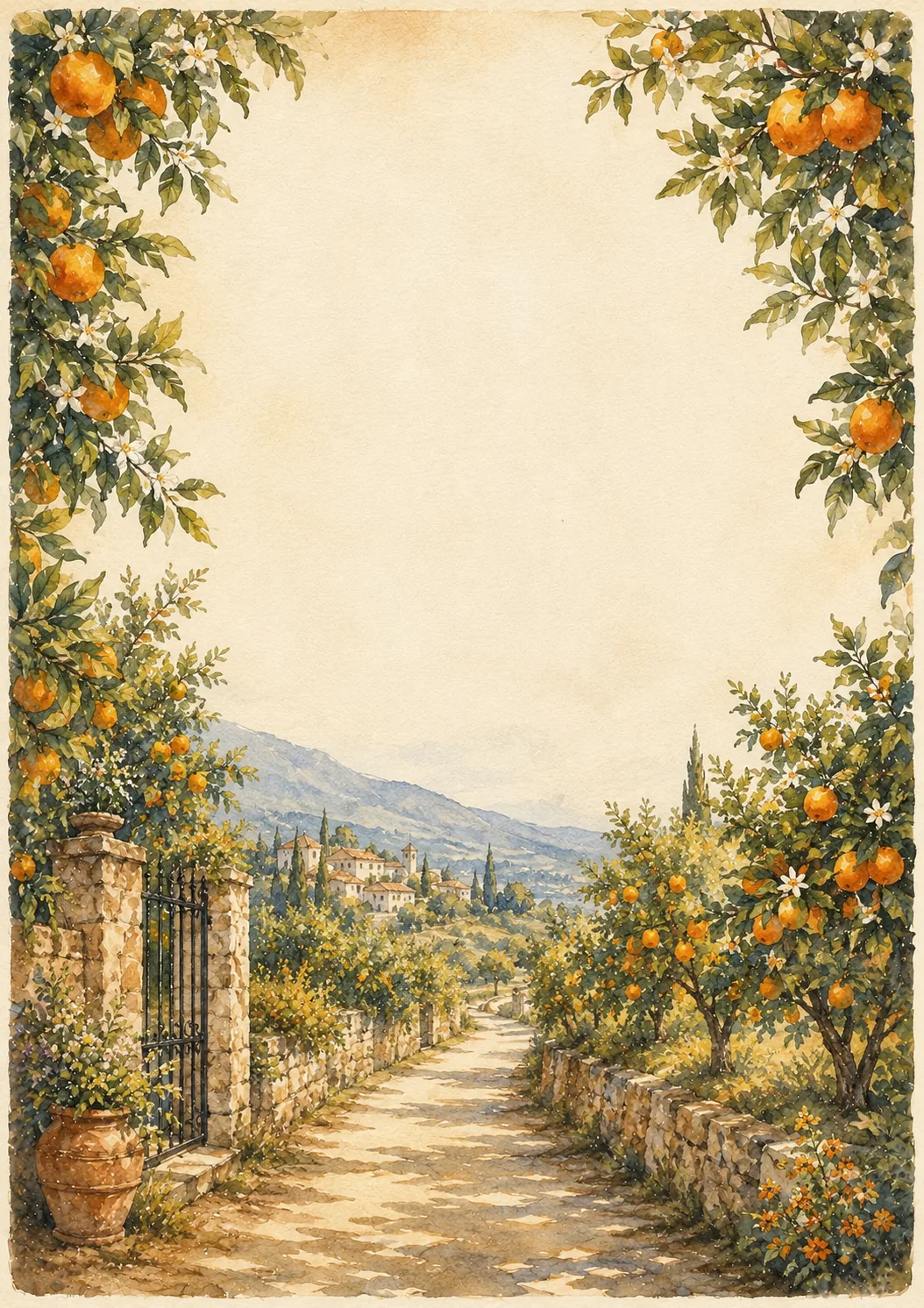Printable border page featuring ripe orange tree branches framing a rural valley path.