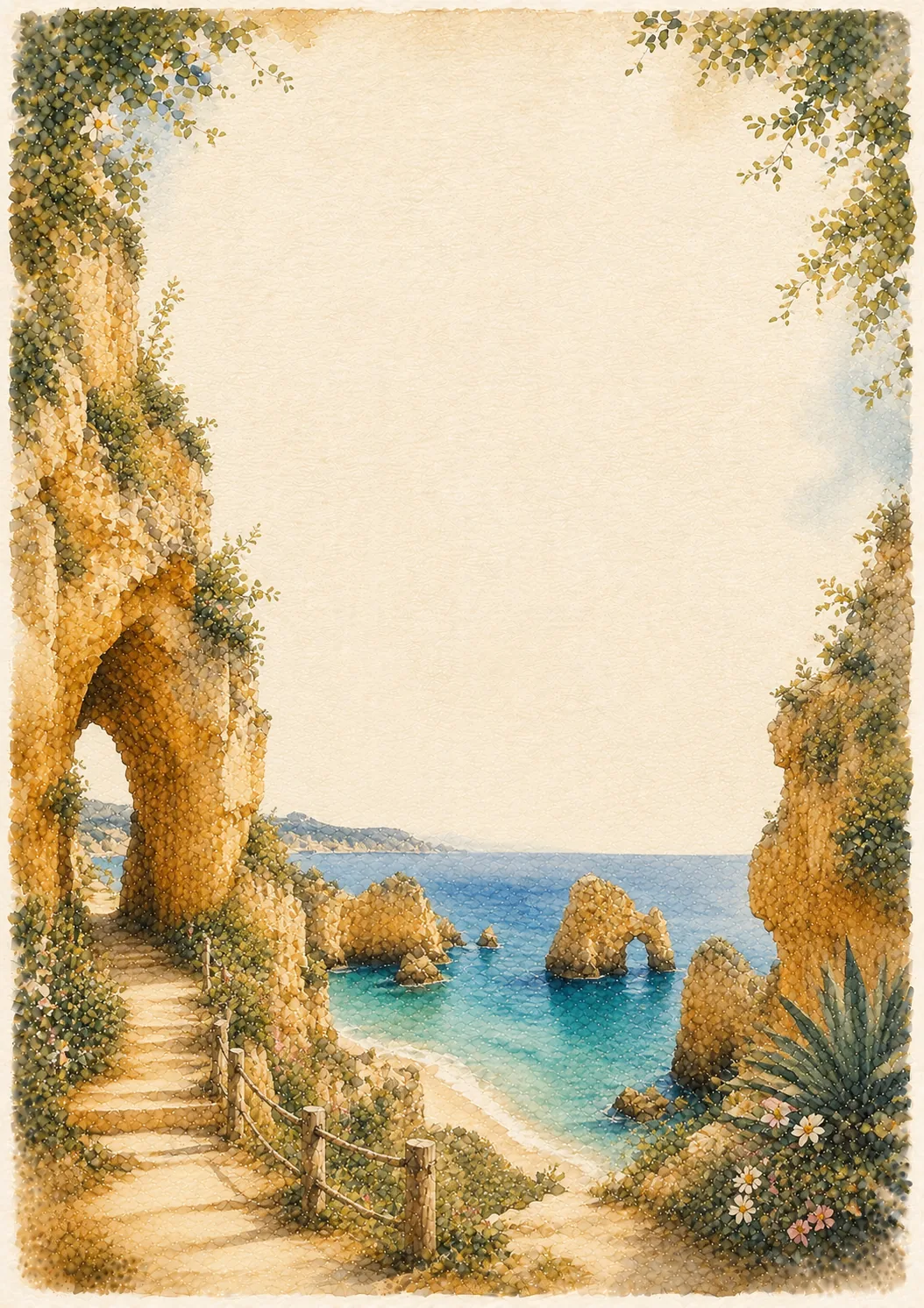 Coastal watercolor paper design showing limestone sea arches and a secluded beach cove.