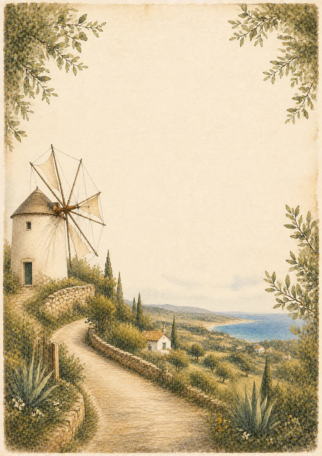 Rustic printable stationery page depicting a white traditional windmill on a green hill.