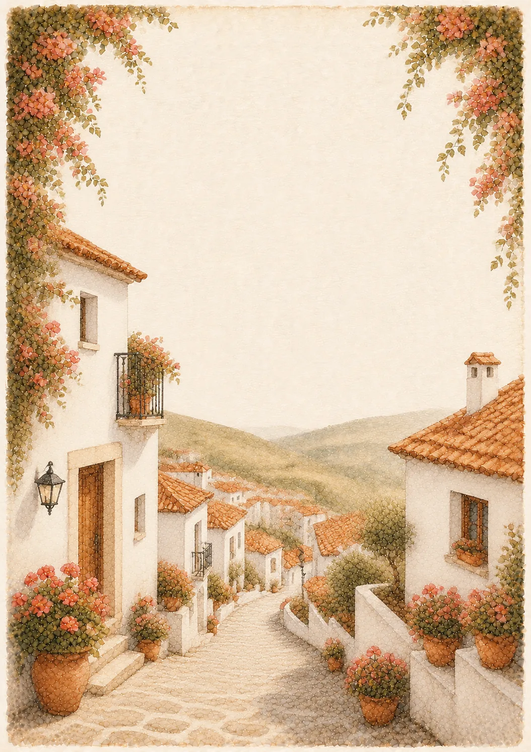 Watercolor village stationery page featuring terracotta roofs and pink bougainvillea.