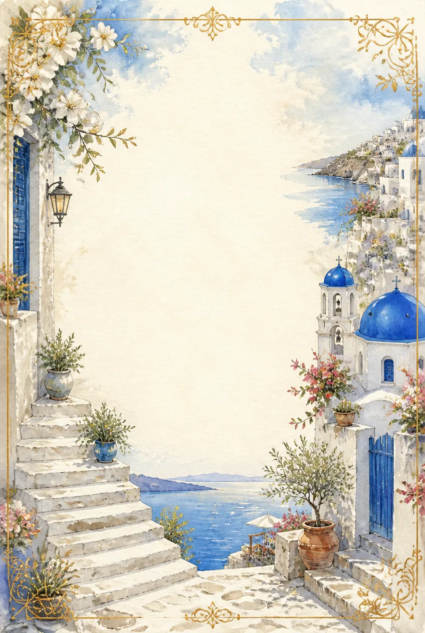 Portuguese coastal cottages and cliff paths watercolor frame surrounding an ivory note page.