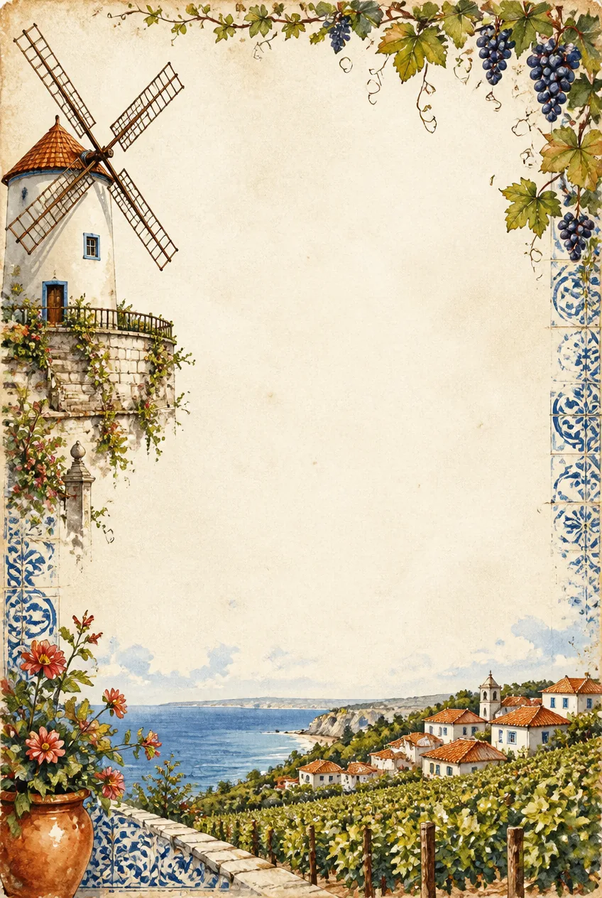 Portuguese landscape page border with a white windmill, blue azulejo tiles, and grapevines.