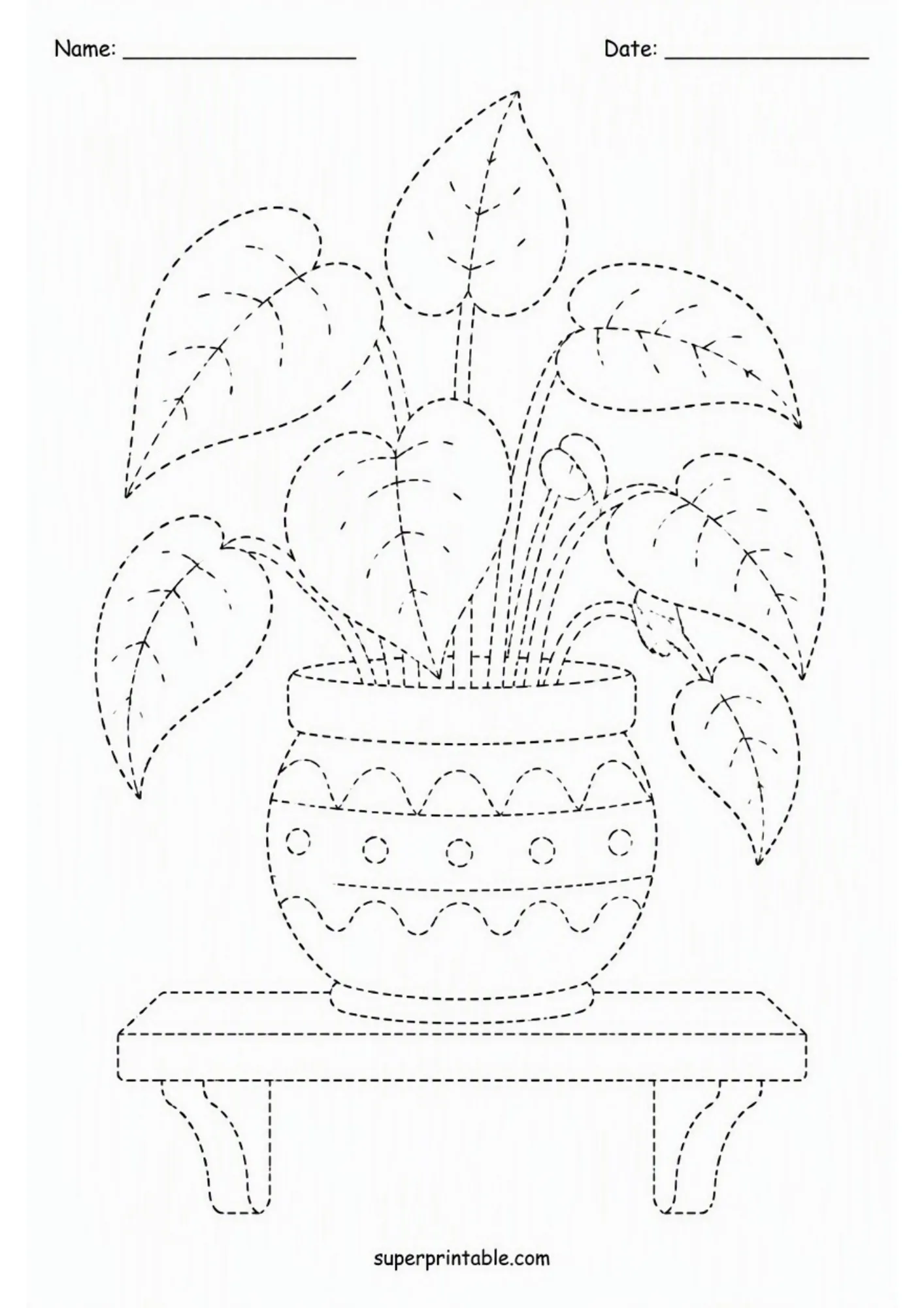 Line tracing page depicting a potted houseplant with large leaves on a decorative shelf.