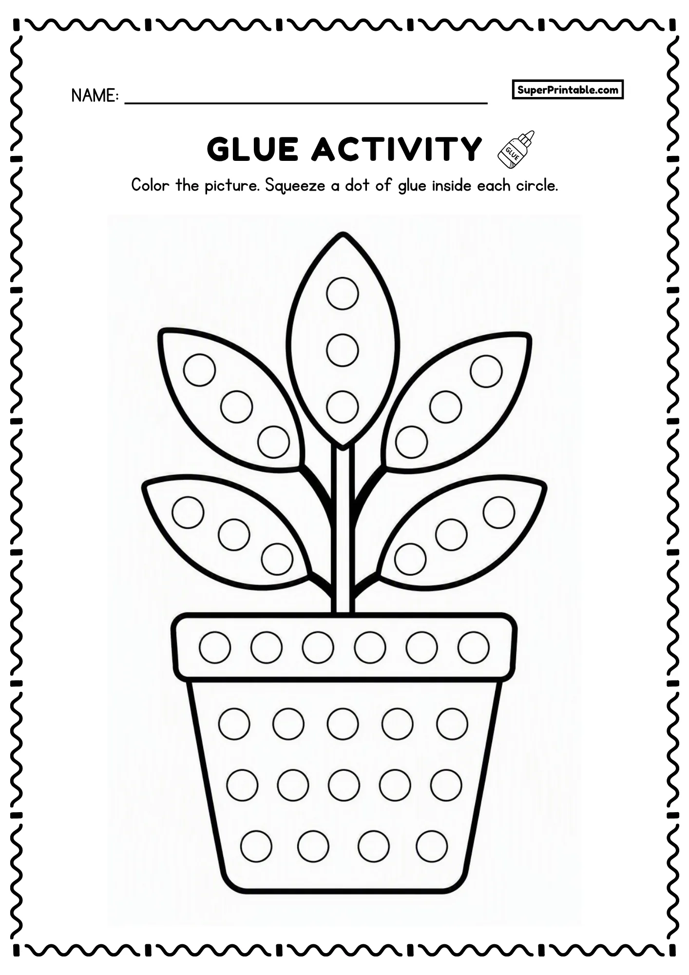 Potted plant printable glue worksheet with oval leaves and flower pot and dot circles for toddlers