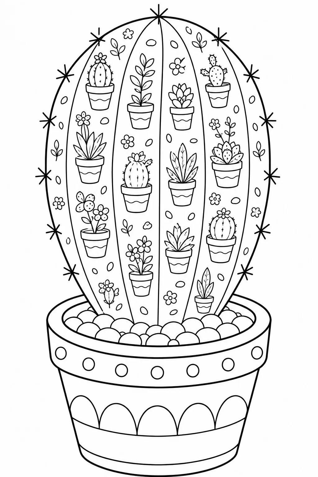 Collection of miniature potted plants and flowers to color.