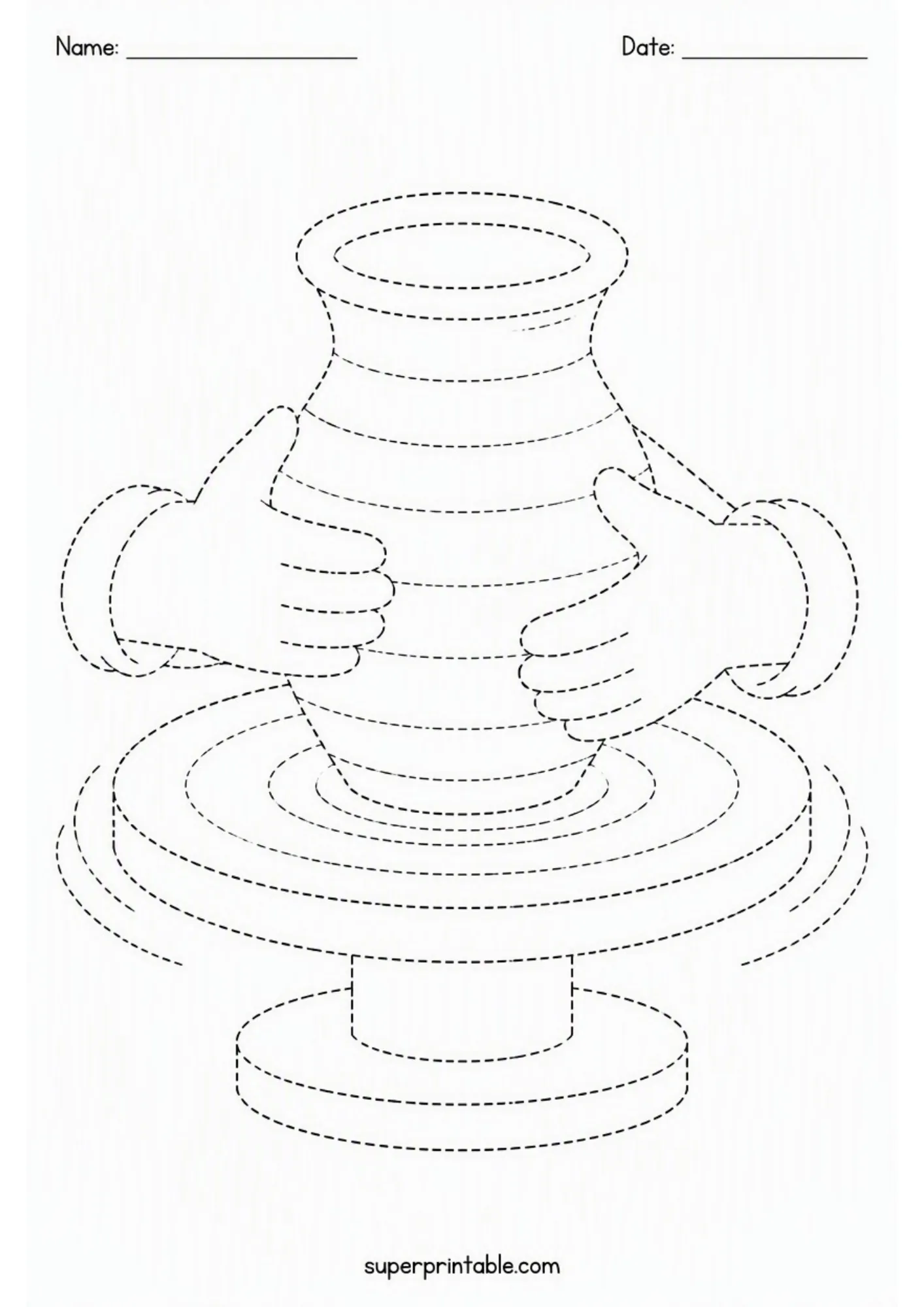 Line tracing activity page depicting cartoon hands molding a clay ceramic vase on a rotating pottery wheel.