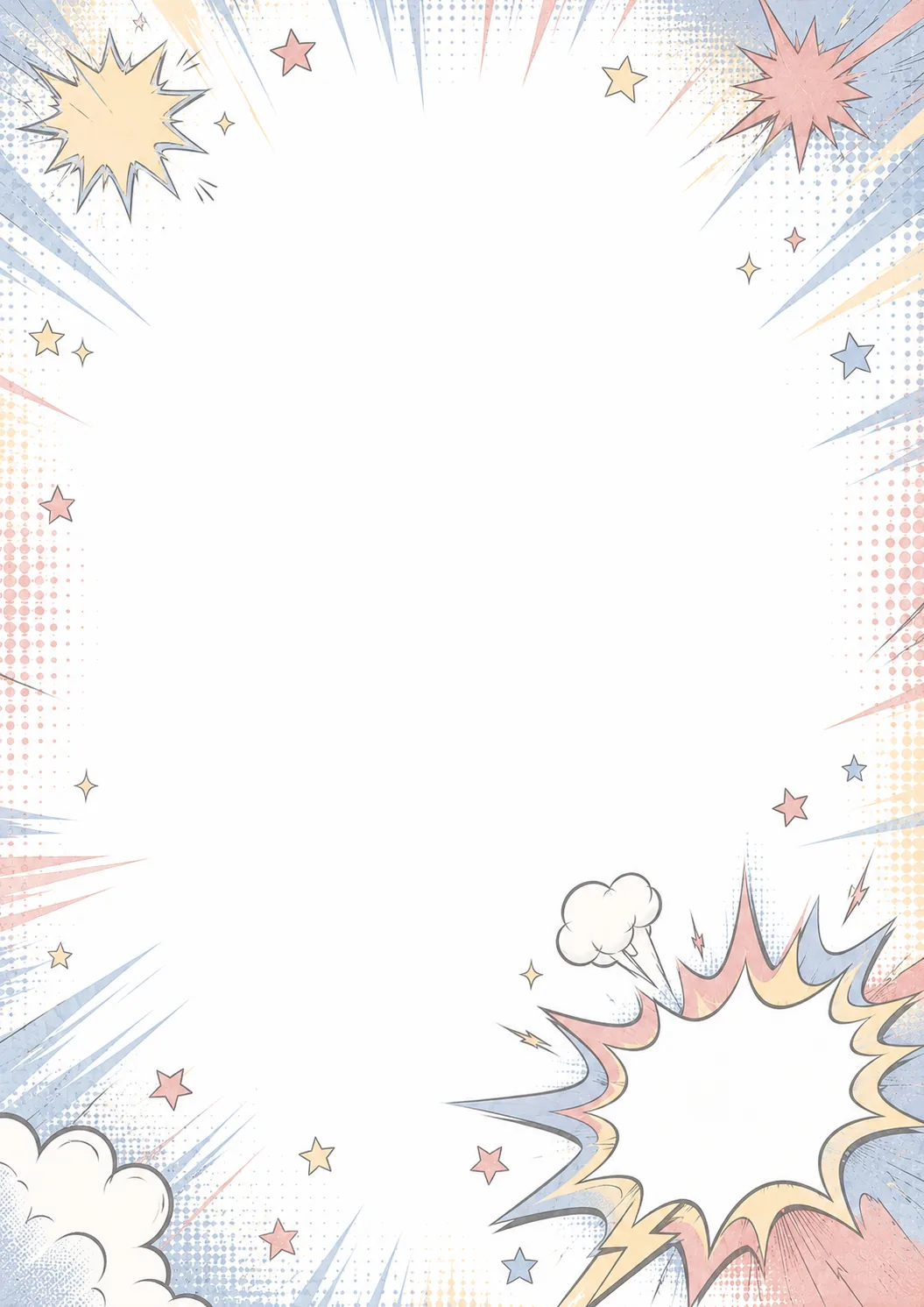 Comic border with POW action lettering, colorful bursts, stars, panels, and open center