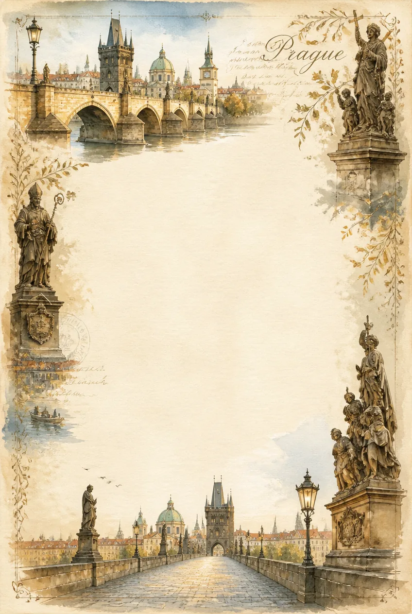 Vintage Prague stationery border with Charles Bridge, stone statues, and script title.