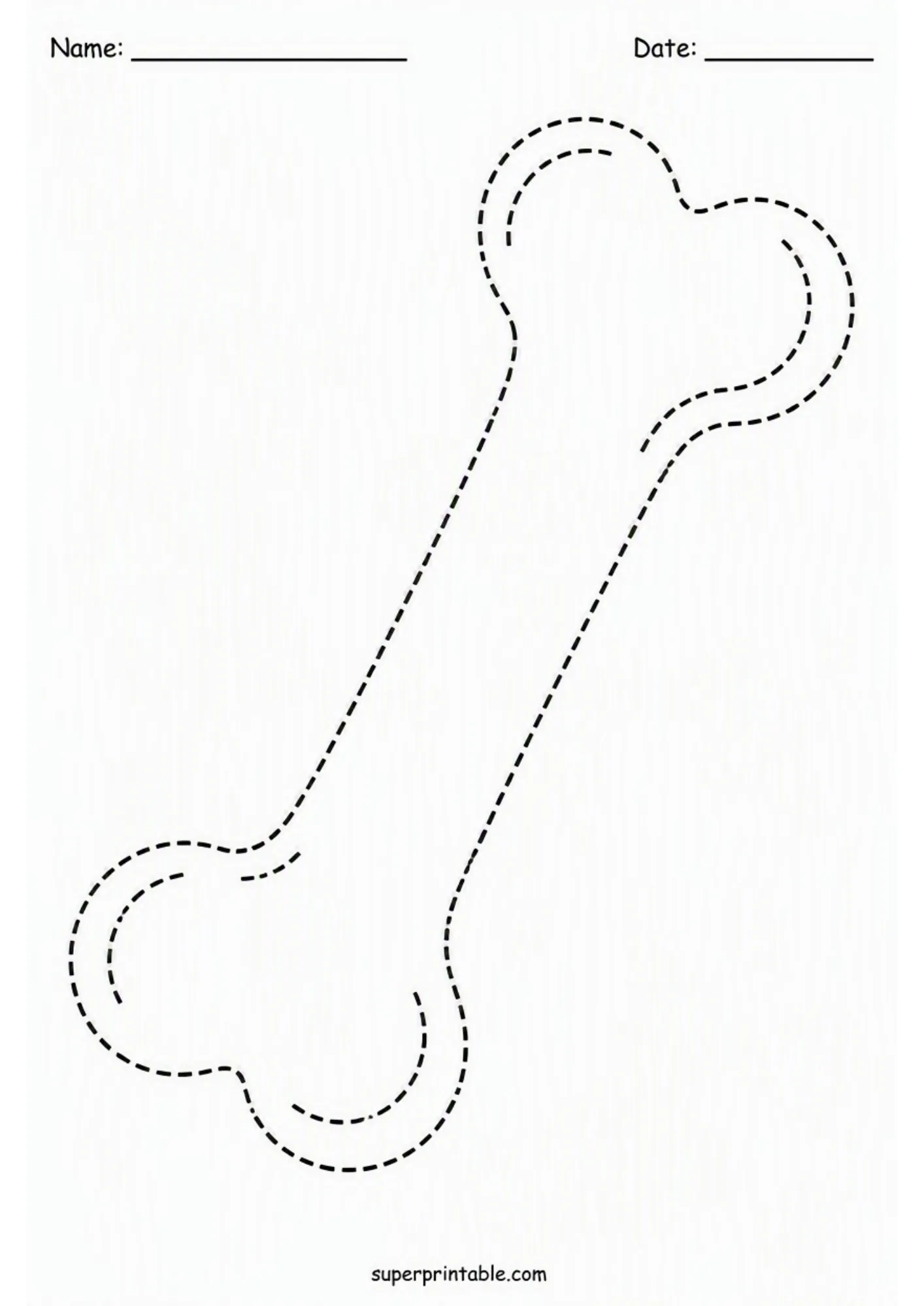 Tracing worksheet of a large dinosaur bone fossil for young kids.
