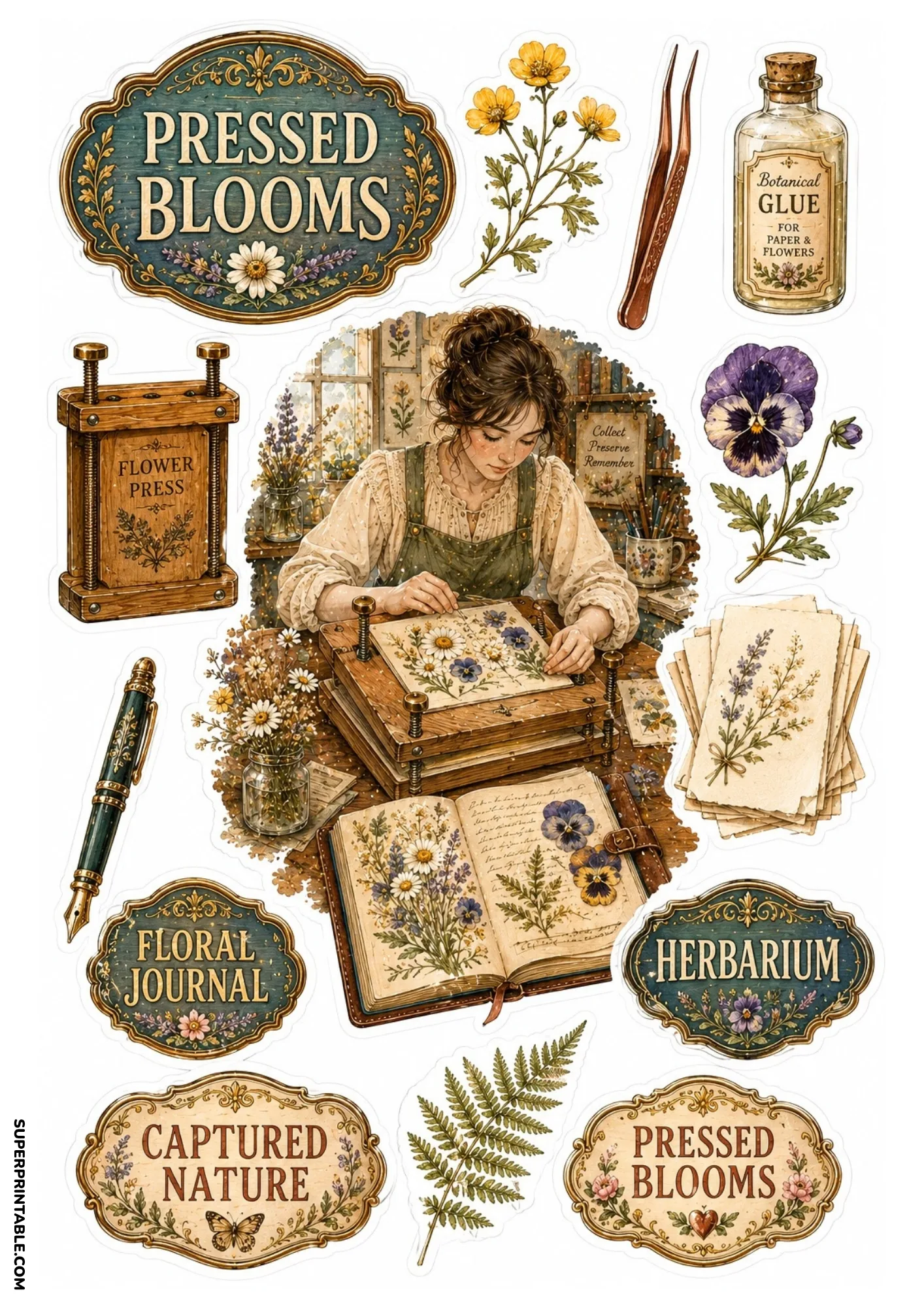 Botanical pressed flower stickers displaying a craft room, flower press, herbarium journal, and dried blooms.