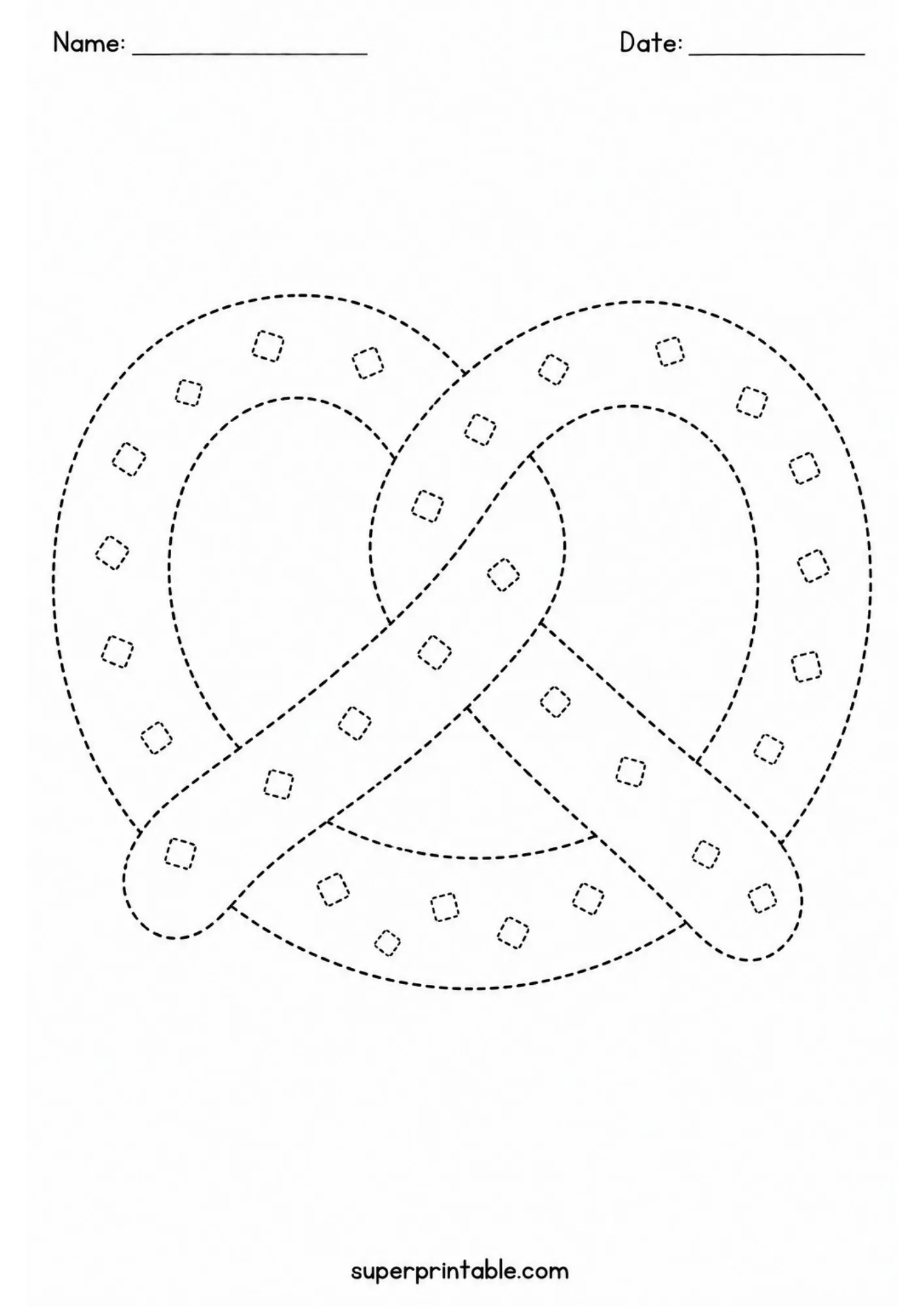 Twisted pretzel line tracing worksheet for preschool motor skill development.