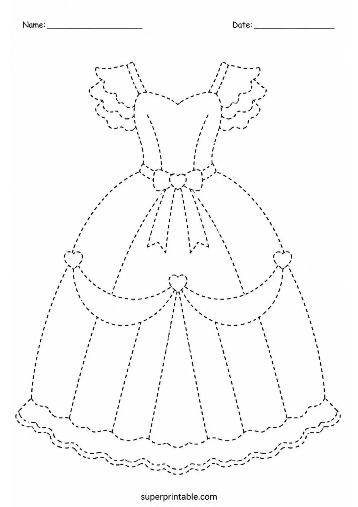 Fancy princess dress tracing page with ruffled sleeves and sweet heart details for kids.