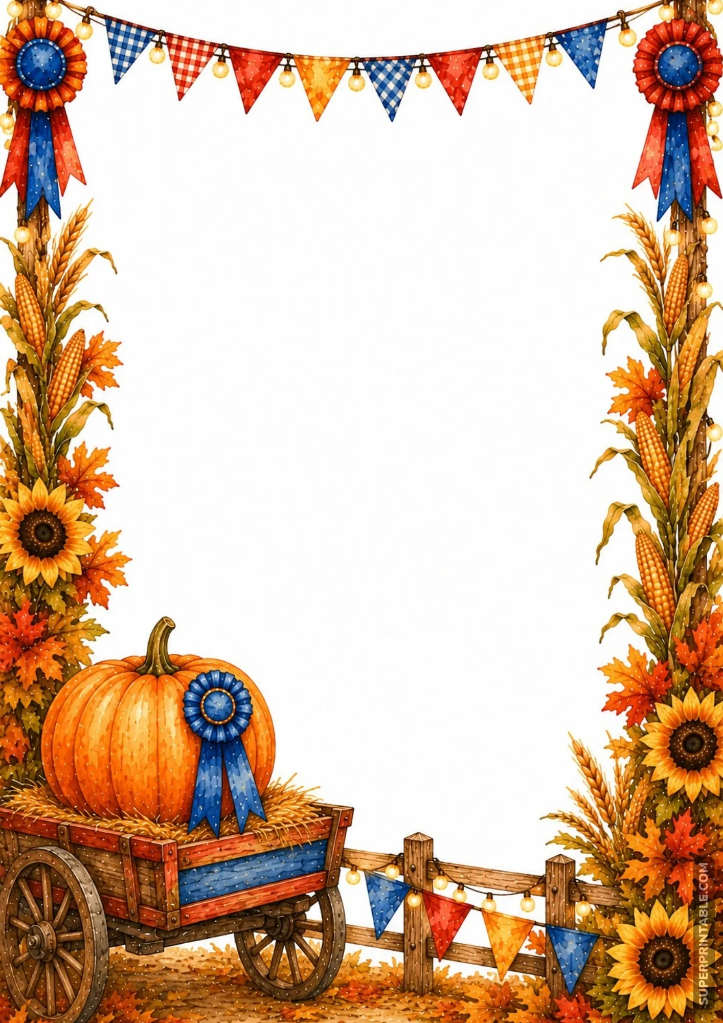 Harvest border featuring a giant blue-ribbon prize pumpkin sitting on a vintage wooden farm cart wagon.