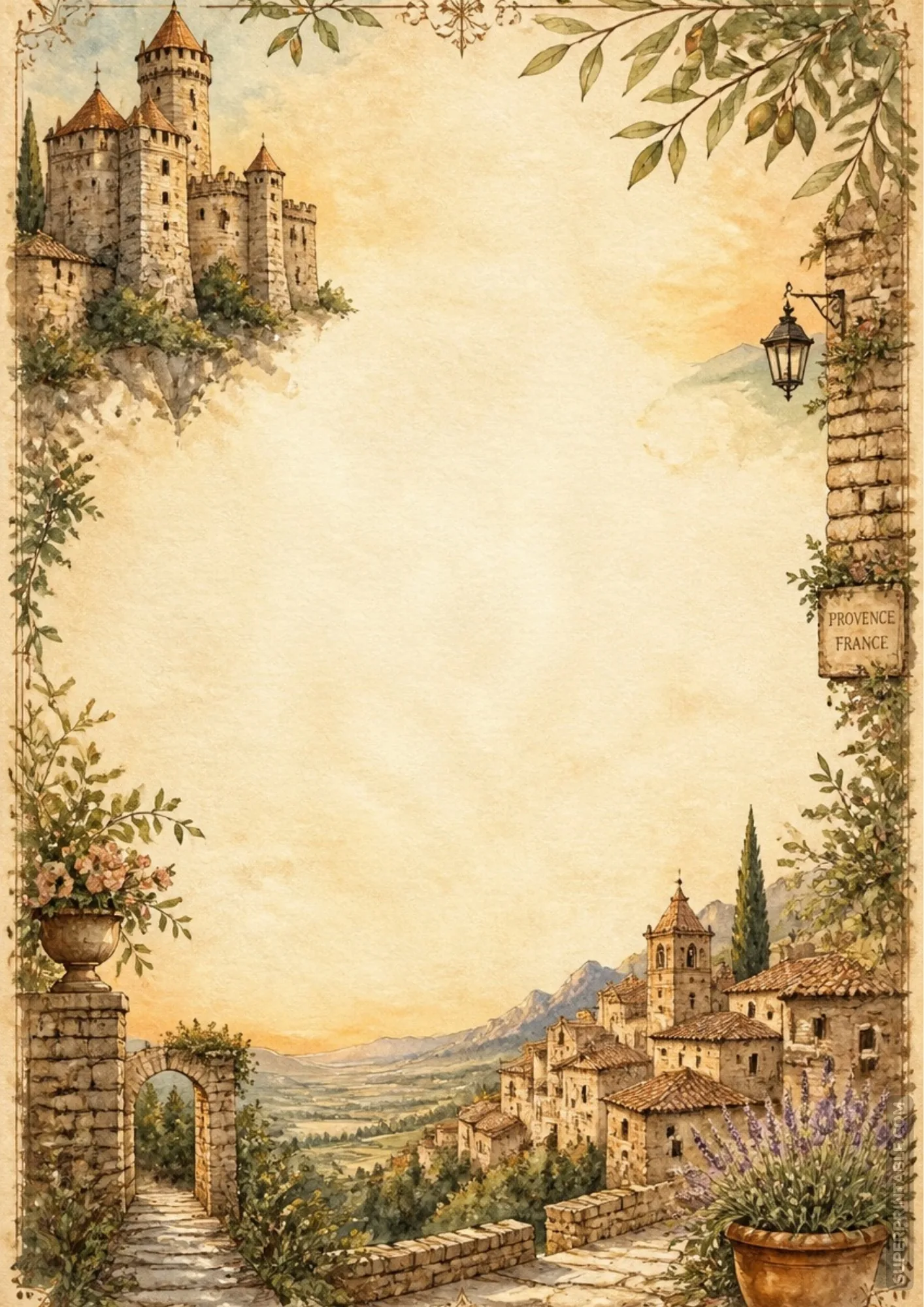 Provence France hilltop chateau watercolor border paper with stone archway and lavender pots