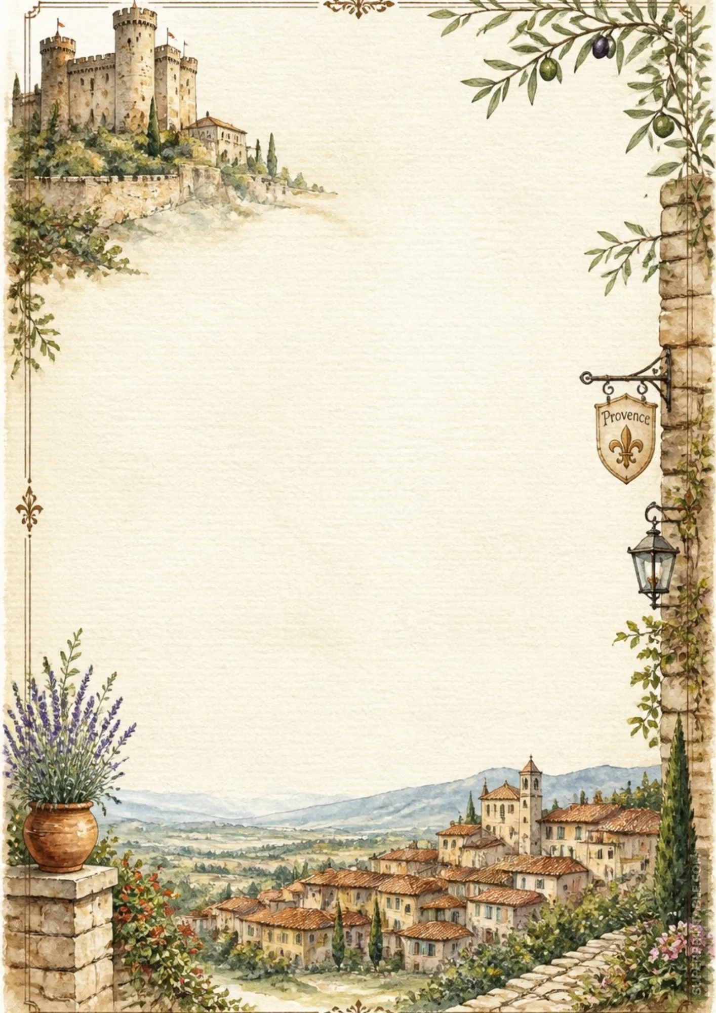 Provence French castle watercolor stationery border with purple lavender pot and olive tree foliage