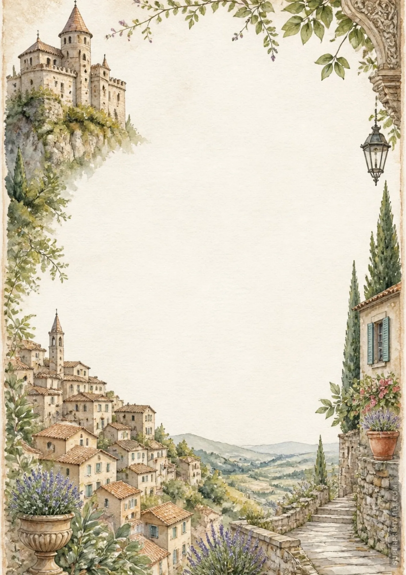 French Provence castle watercolor writing sheet featuring terracotta village houses and stone steps