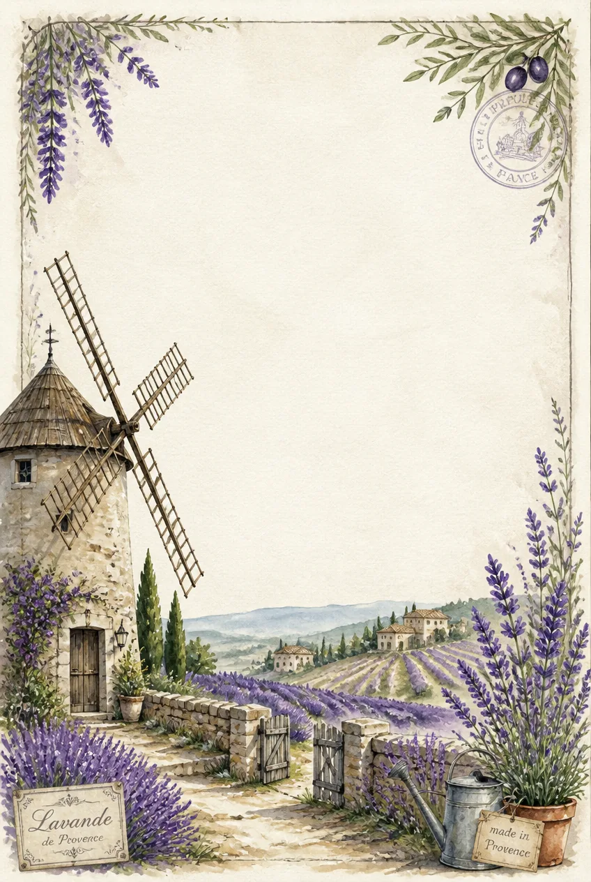 French countryside page border featuring a stone windmill and vibrant purple lavender fields.