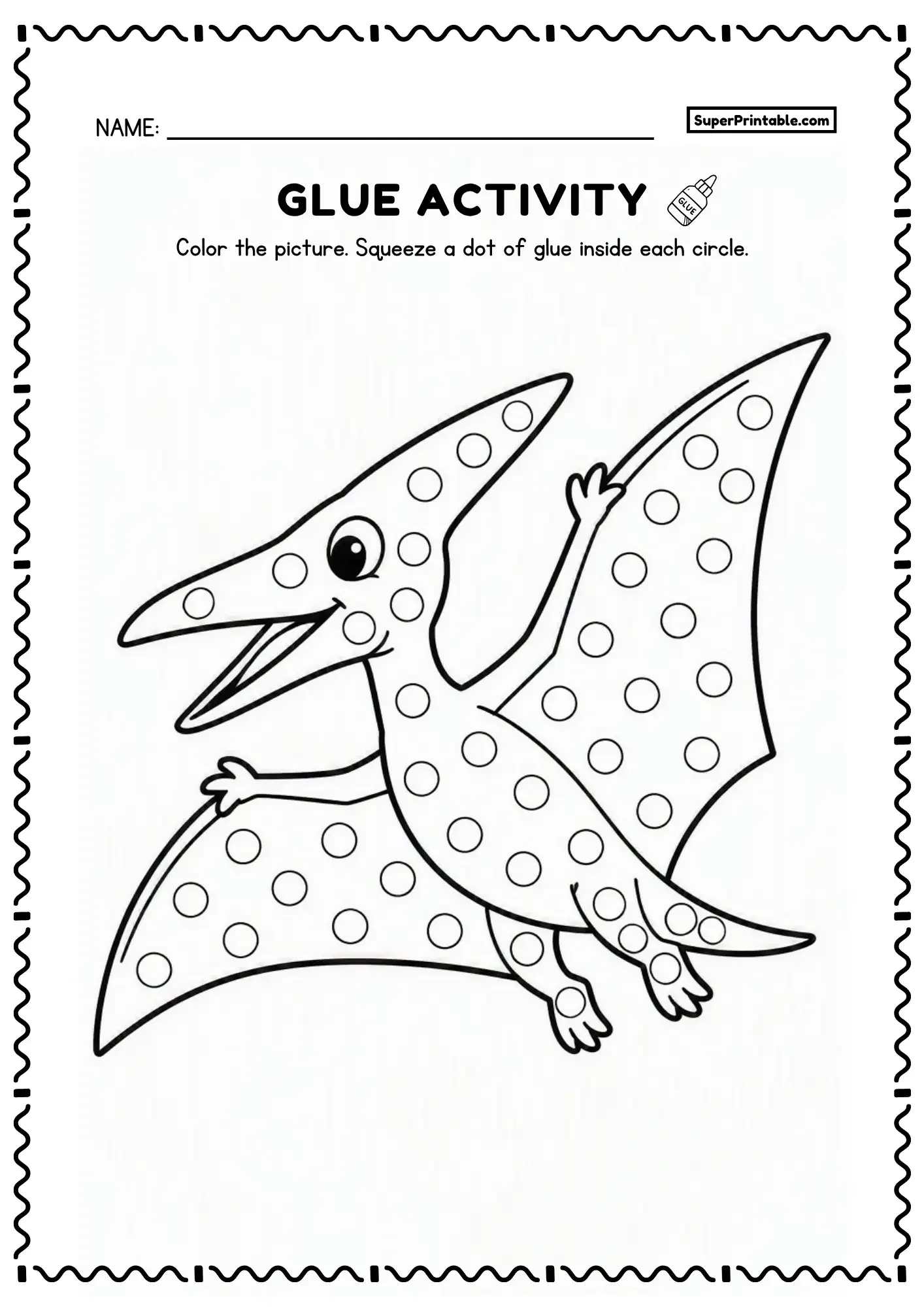 Flying pterodactyl coloring activity with glue circles covering its wings and body