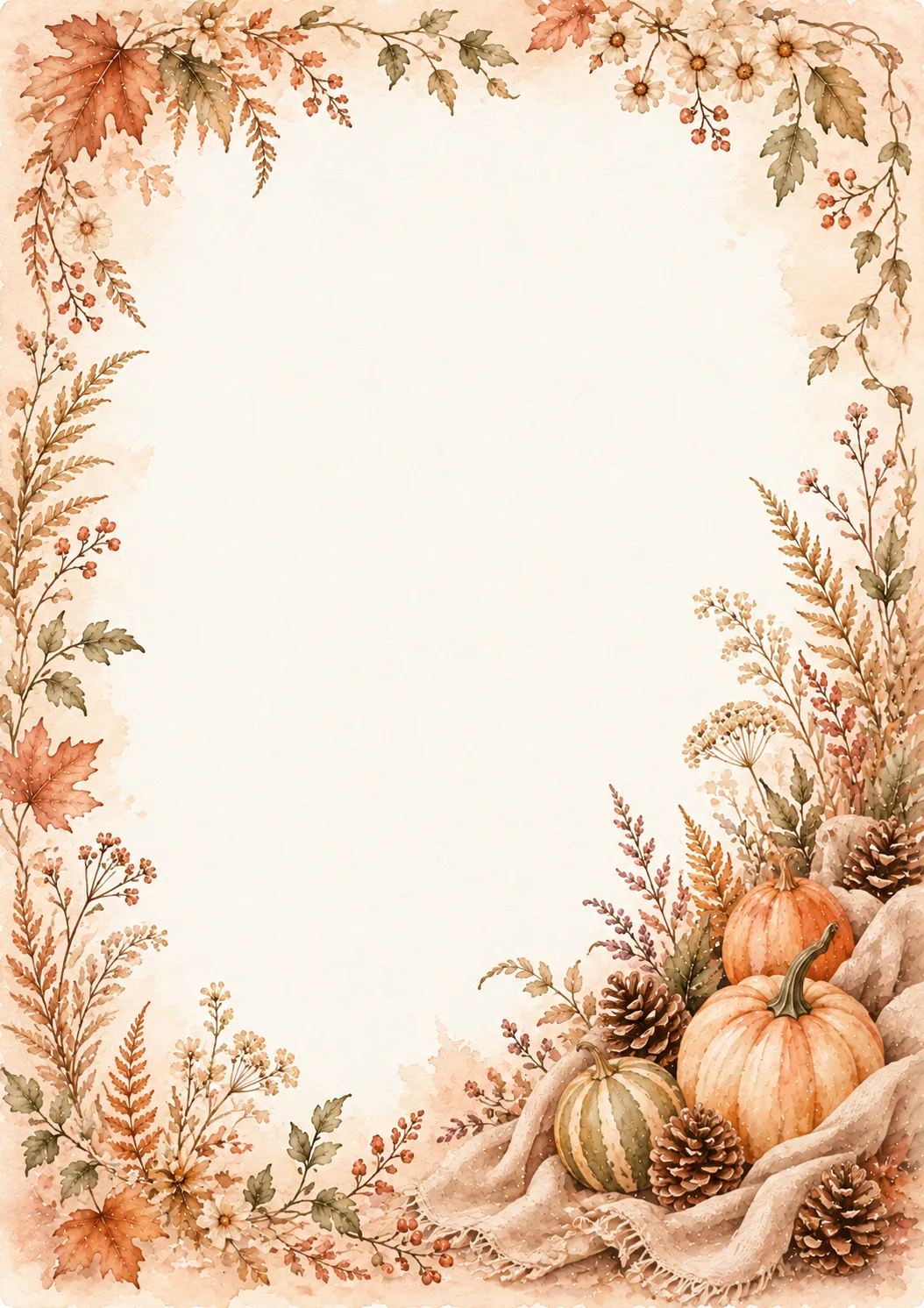 Watercolor pumpkin border with pinecones, autumn flowers, ferns, berries, and maple leaves