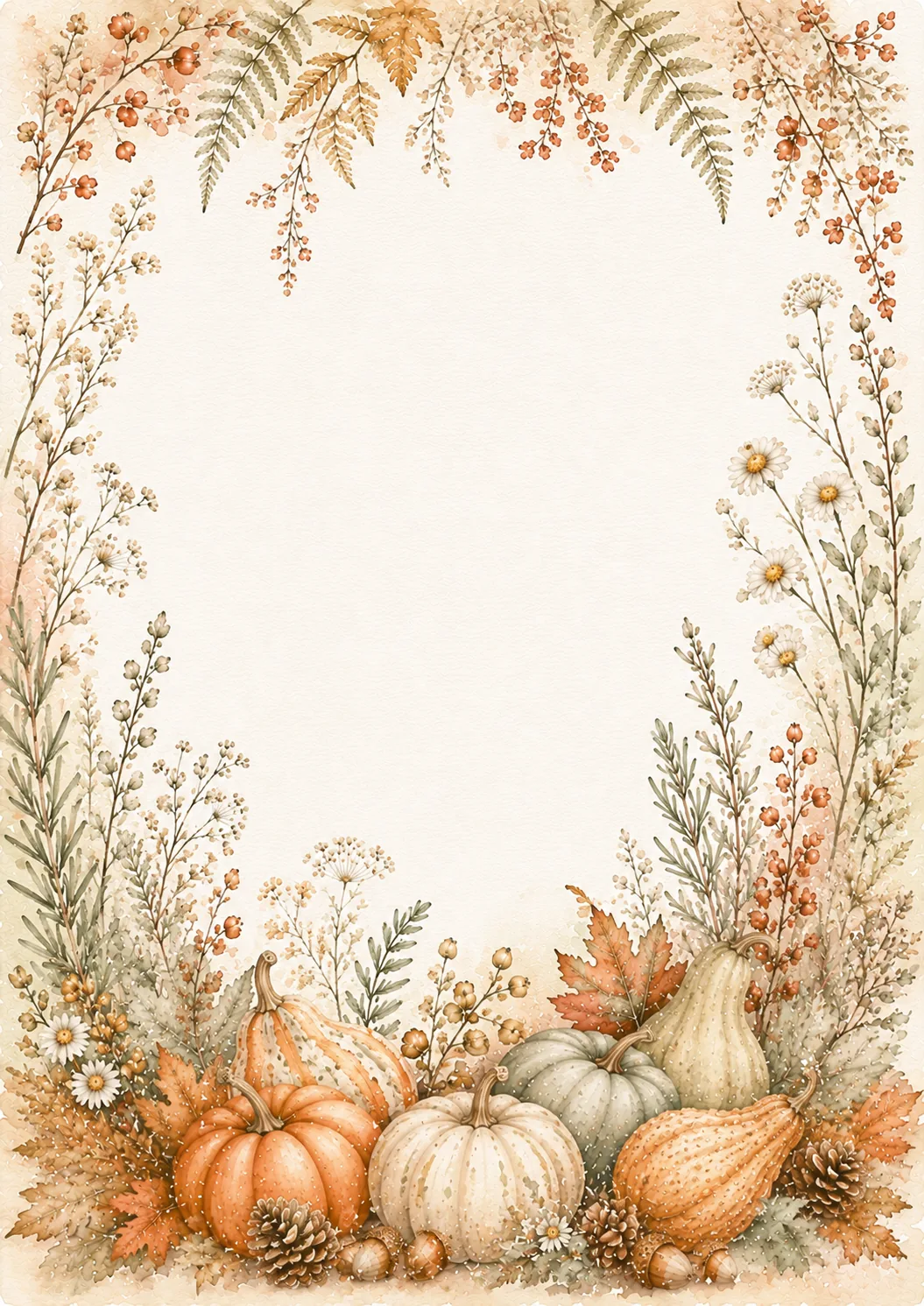 Watercolor fall border with pumpkins, gourds, wildflowers, rosemary, berries, pinecones, and leaves