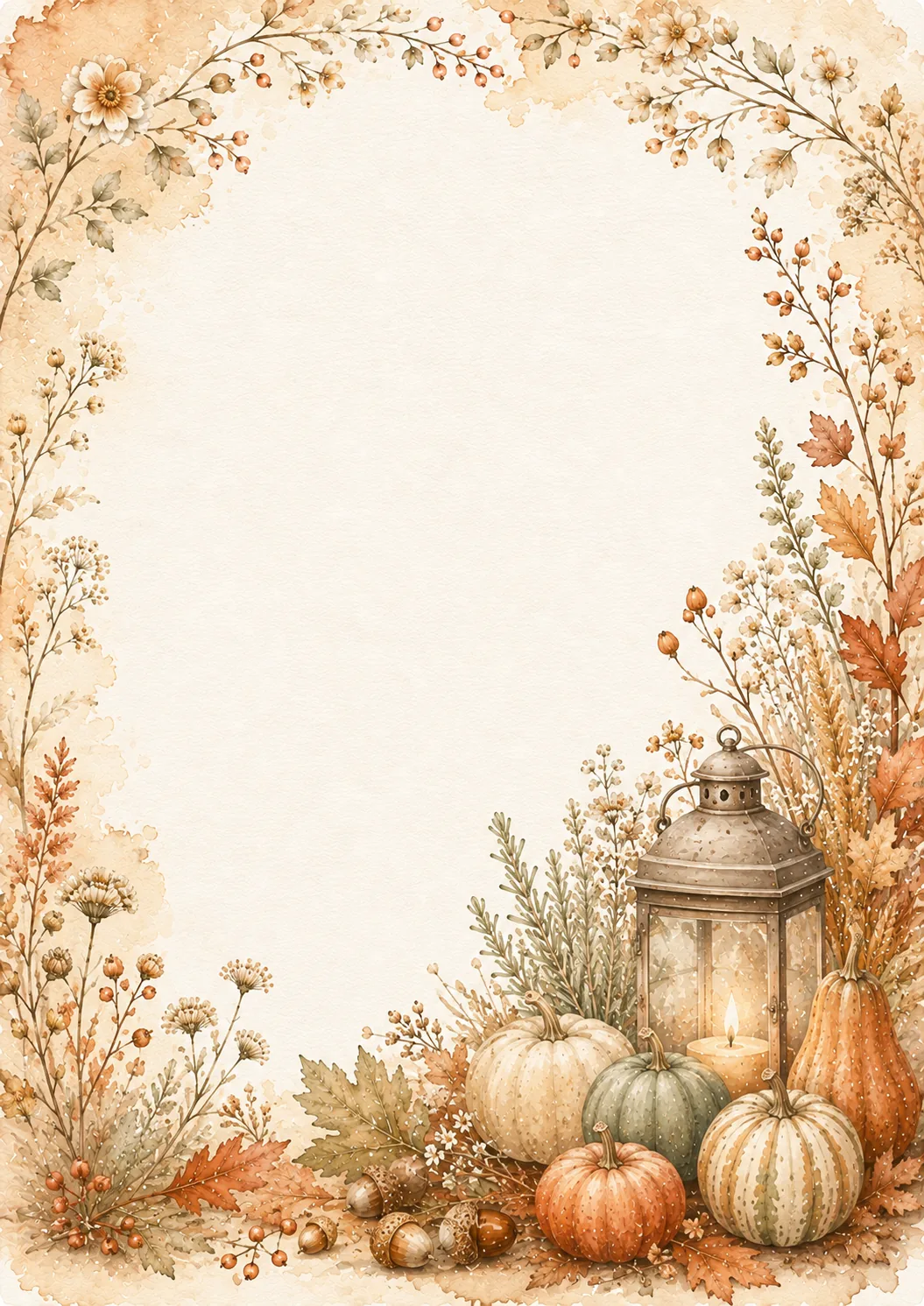 November washed borders featuring pumpkins, glowing lantern, acorns, berries, and autumn foliage