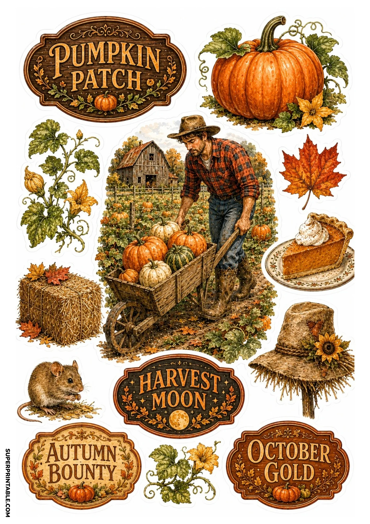 Fall pumpkin patch harvest stickers featuring a farmer with wheelbarrow, pumpkin pie slice, and autumn leaves.