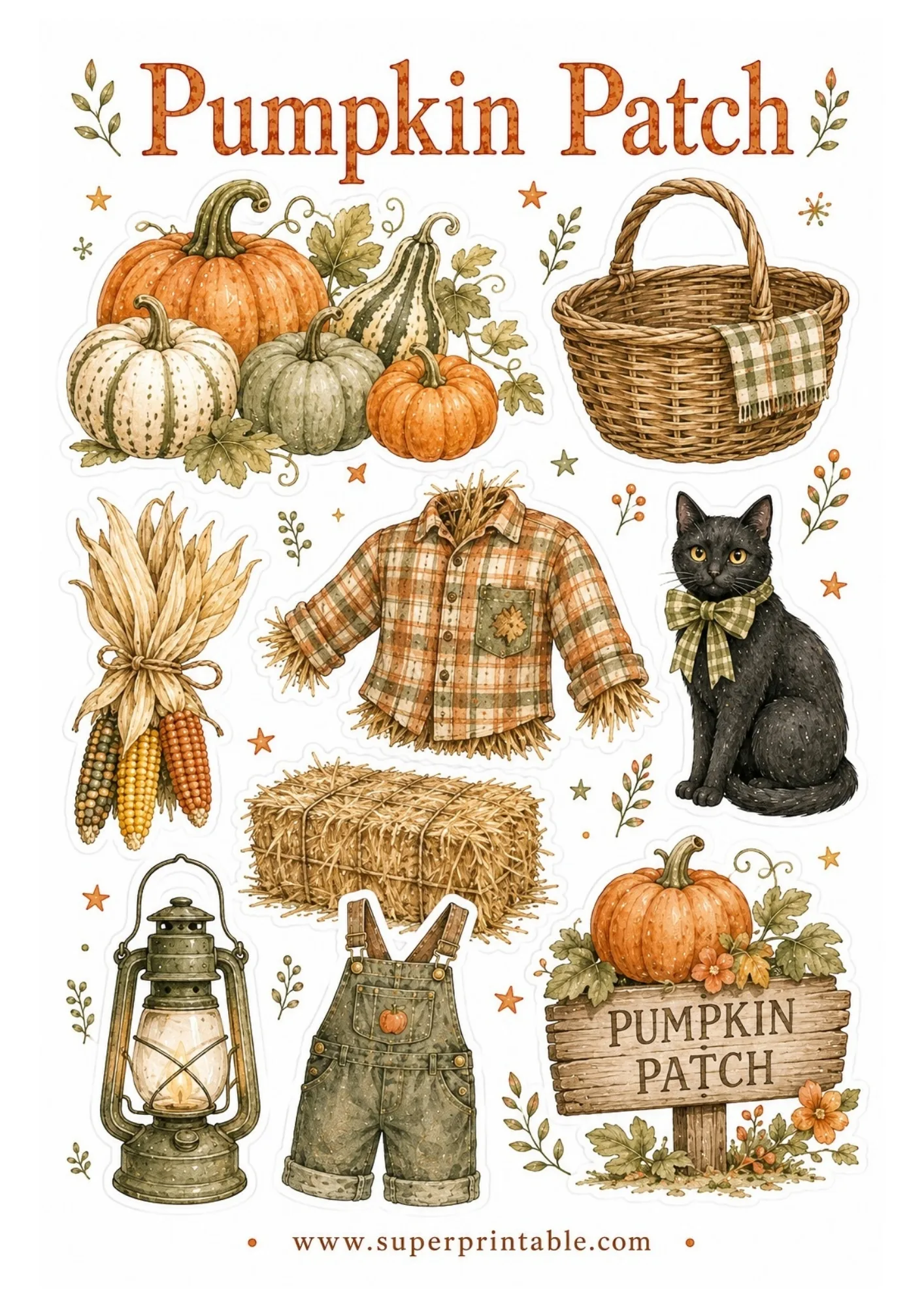 Printable pumpkin patch sticker sheet showing watercolor heirloom pumpkins, wicker basket, Indian corn, flannel shirt, black cat, hay bale, and rustic wooden sign.