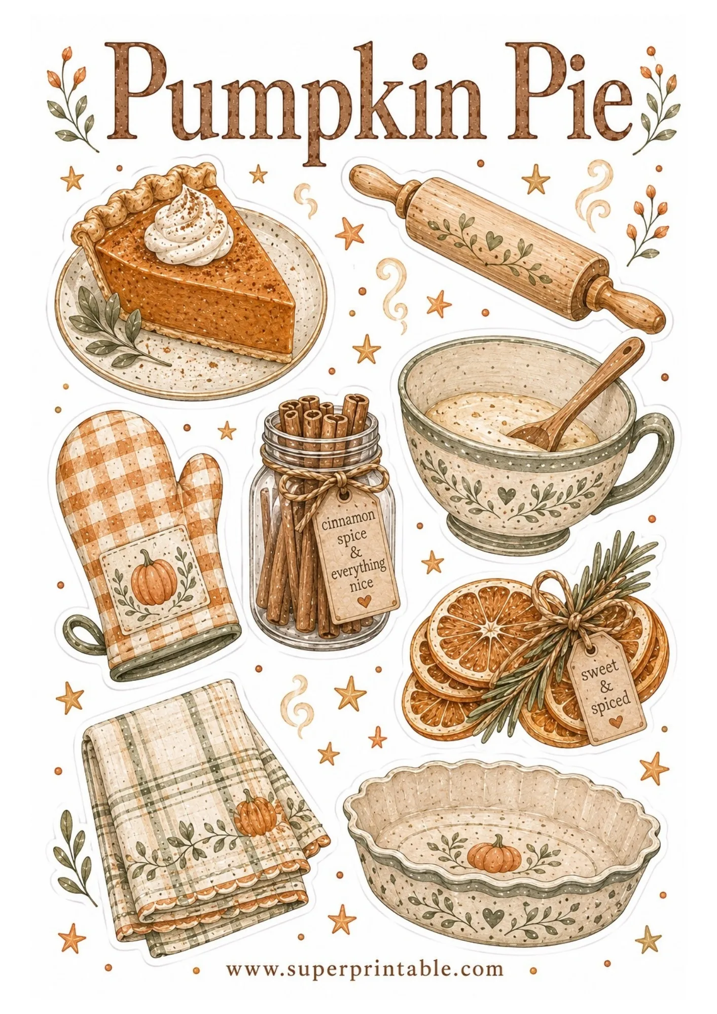 Printable baking sticker sheet featuring watercolor pumpkin pie slice, rolling pin, oven mitt, cinnamon jar, mixing bowl, dried orange slices, and pie dish.