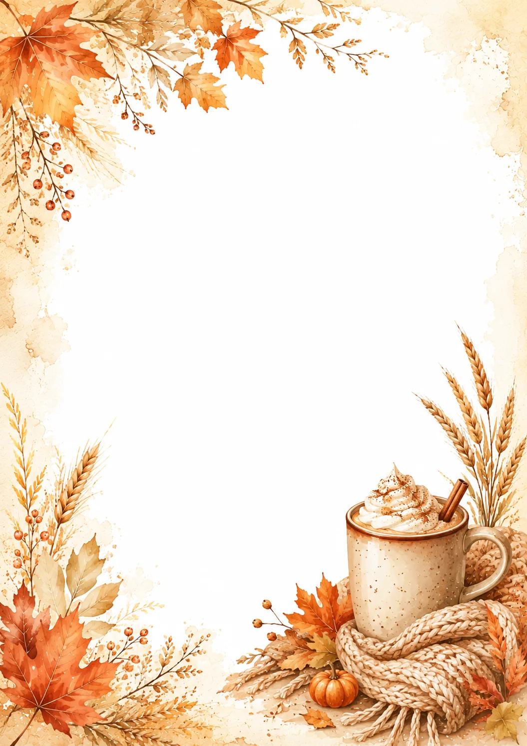 Cozy autumn border with whipped cream mug, cinnamon stick, scarf, pumpkin, wheat, and maple leaves