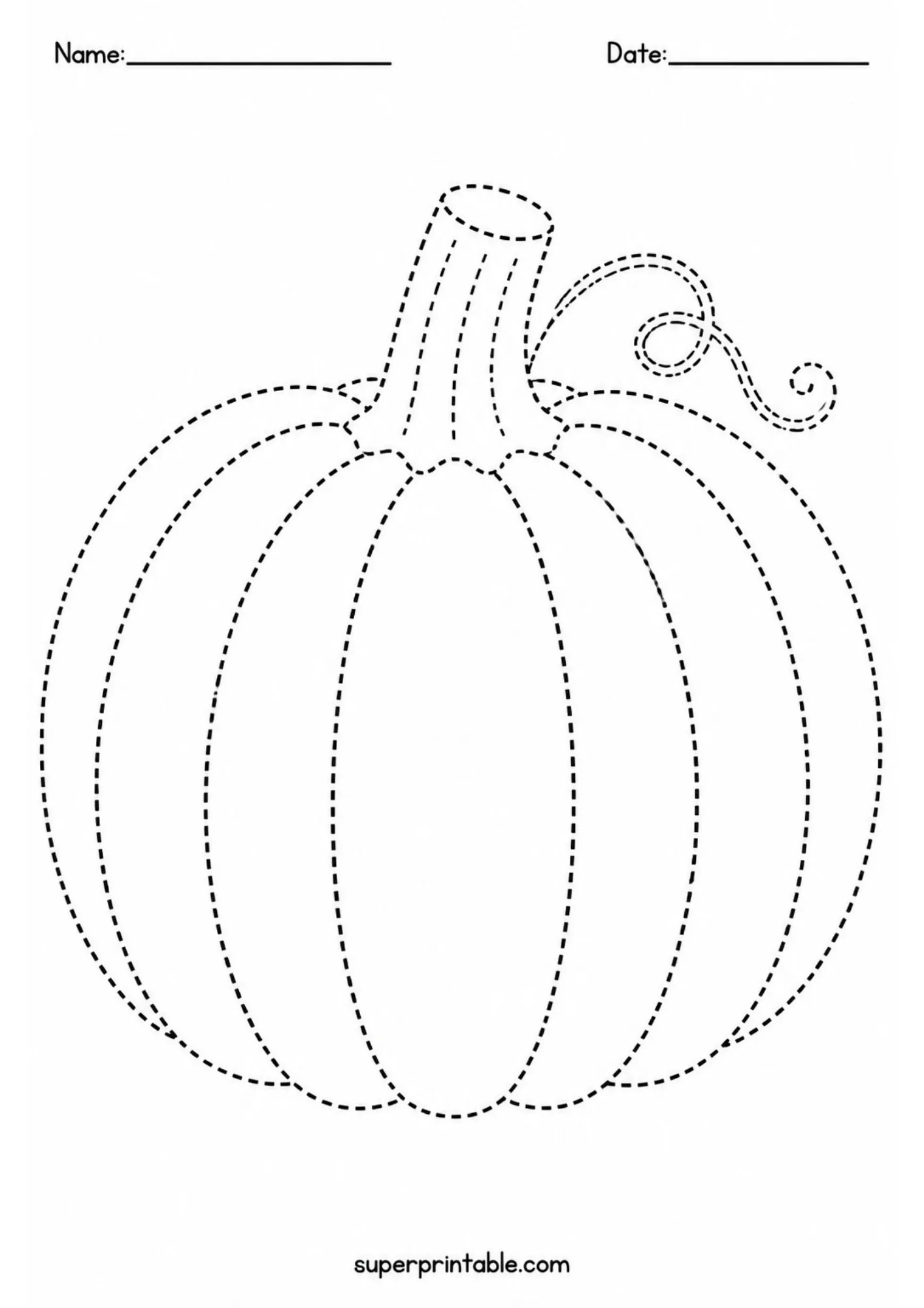 Dashed line pumpkin template with vertical ribs and a curly vine stem.