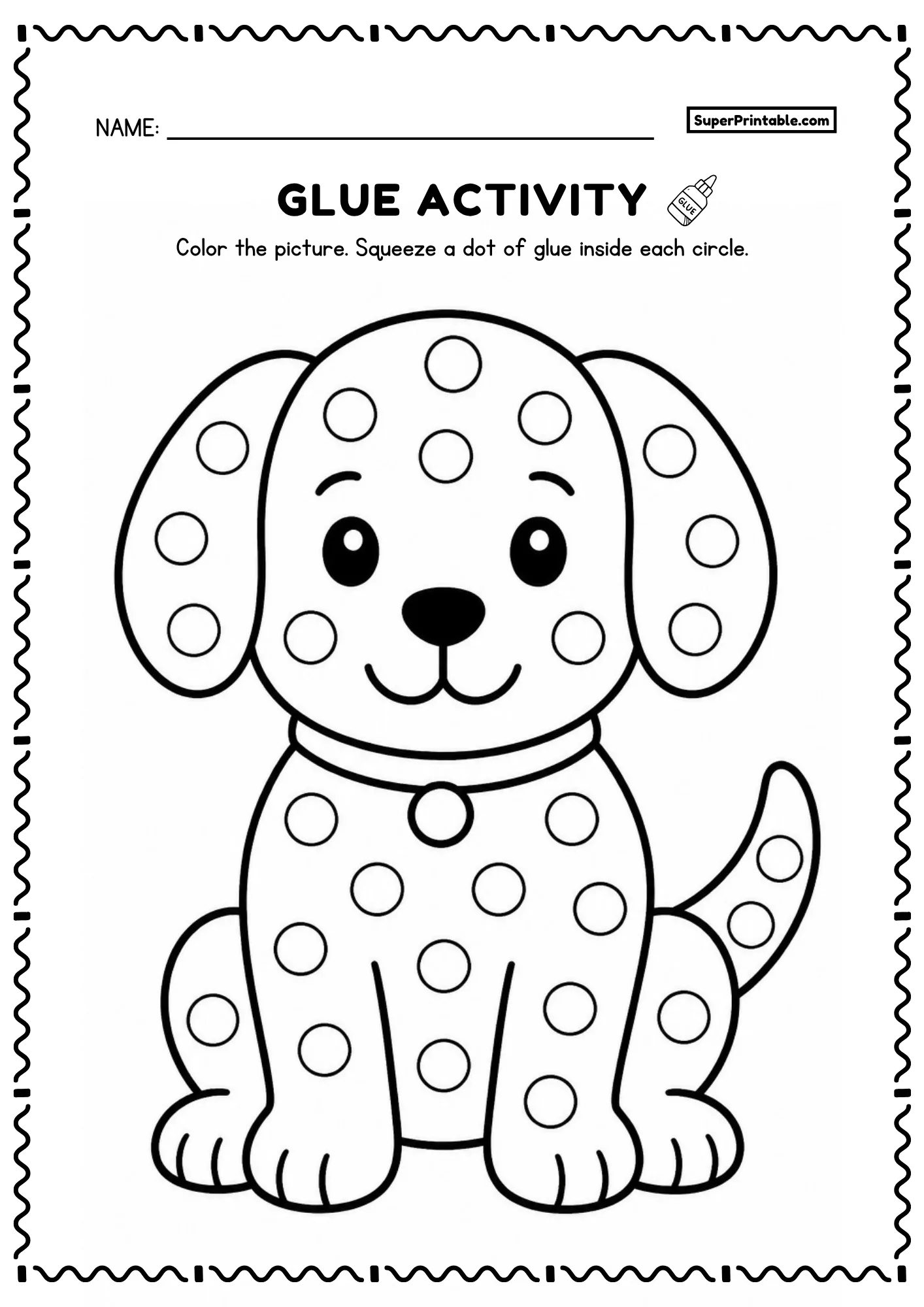 Playful puppy dot glue pets worksheets with big eyes and collar for toddlers