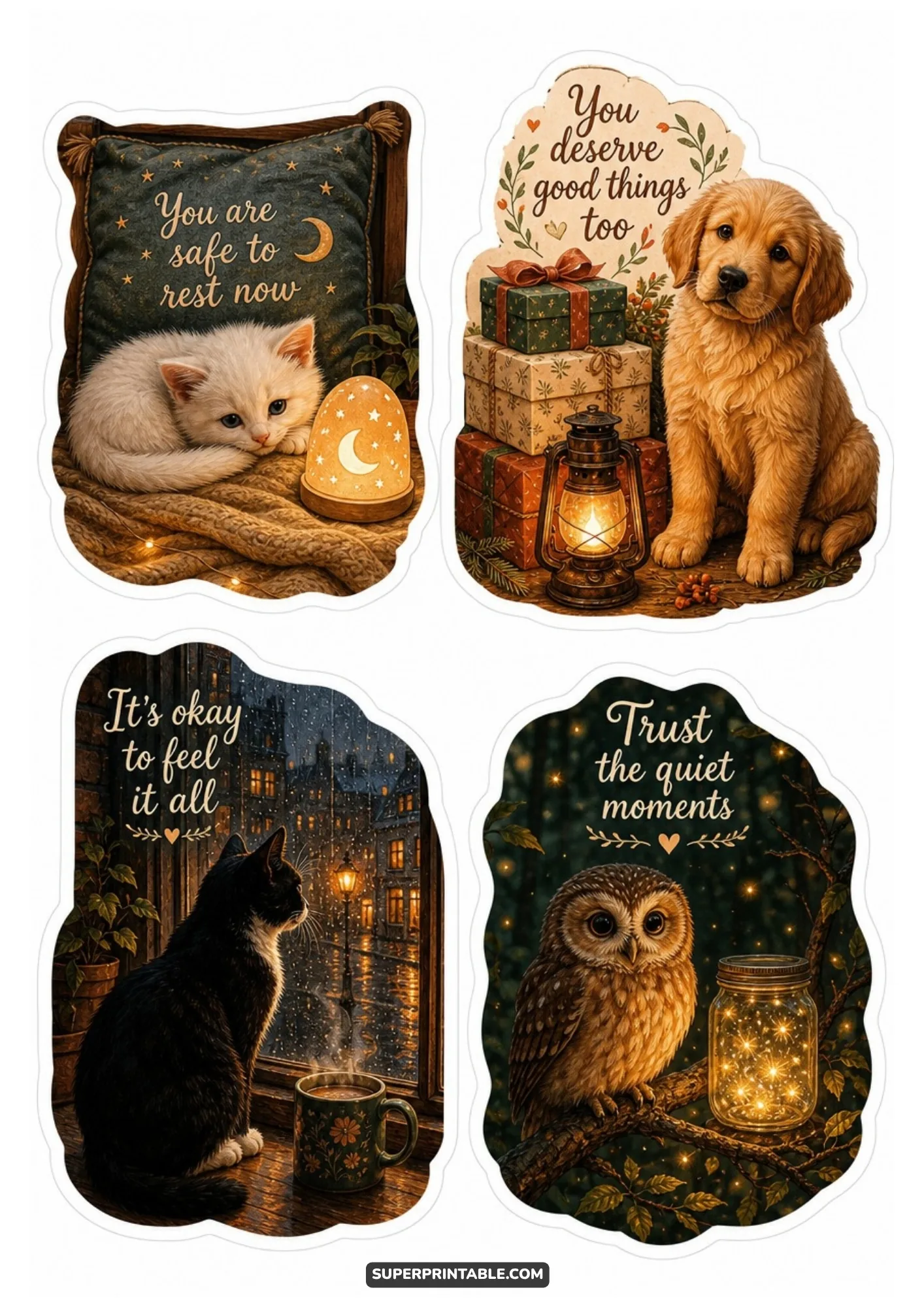 Uplifting animal quote decals featuring a puppy and an owl.